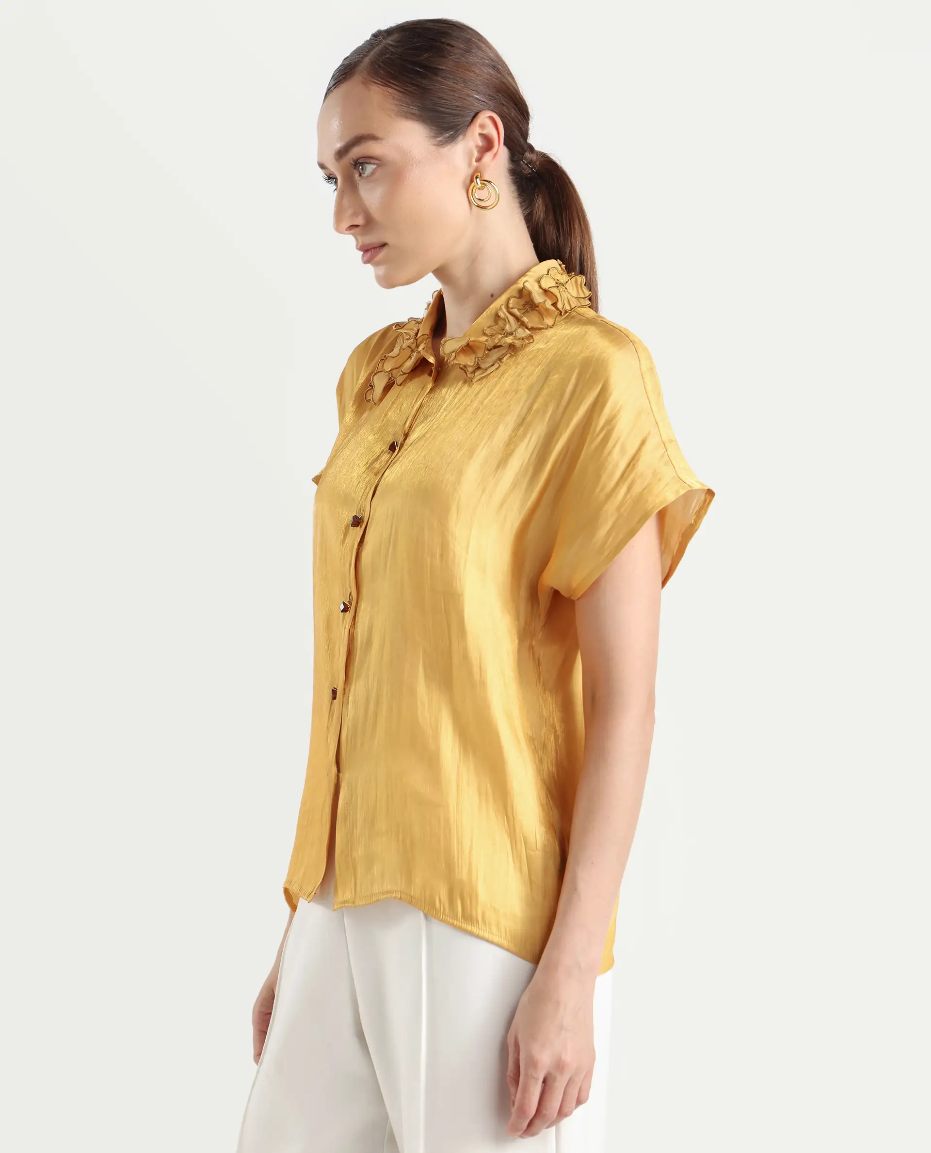Rareism Women's Larfa Yellow Polyester Drop Collar Plain Boxy Fit Shirt - Image 5