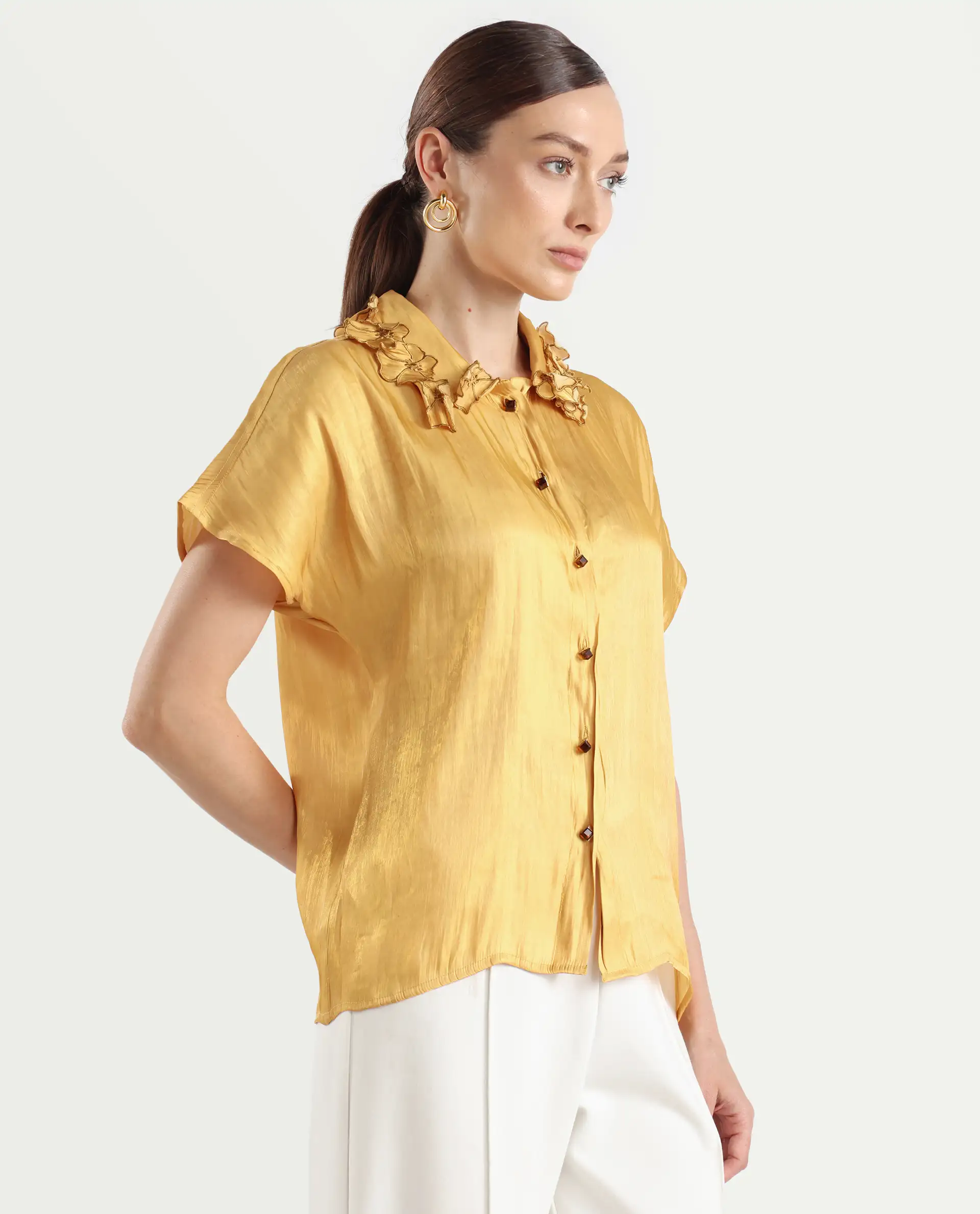 Rareism Women's Larfa Yellow Polyester Drop Collar Plain Boxy Fit Shirt - Image 6