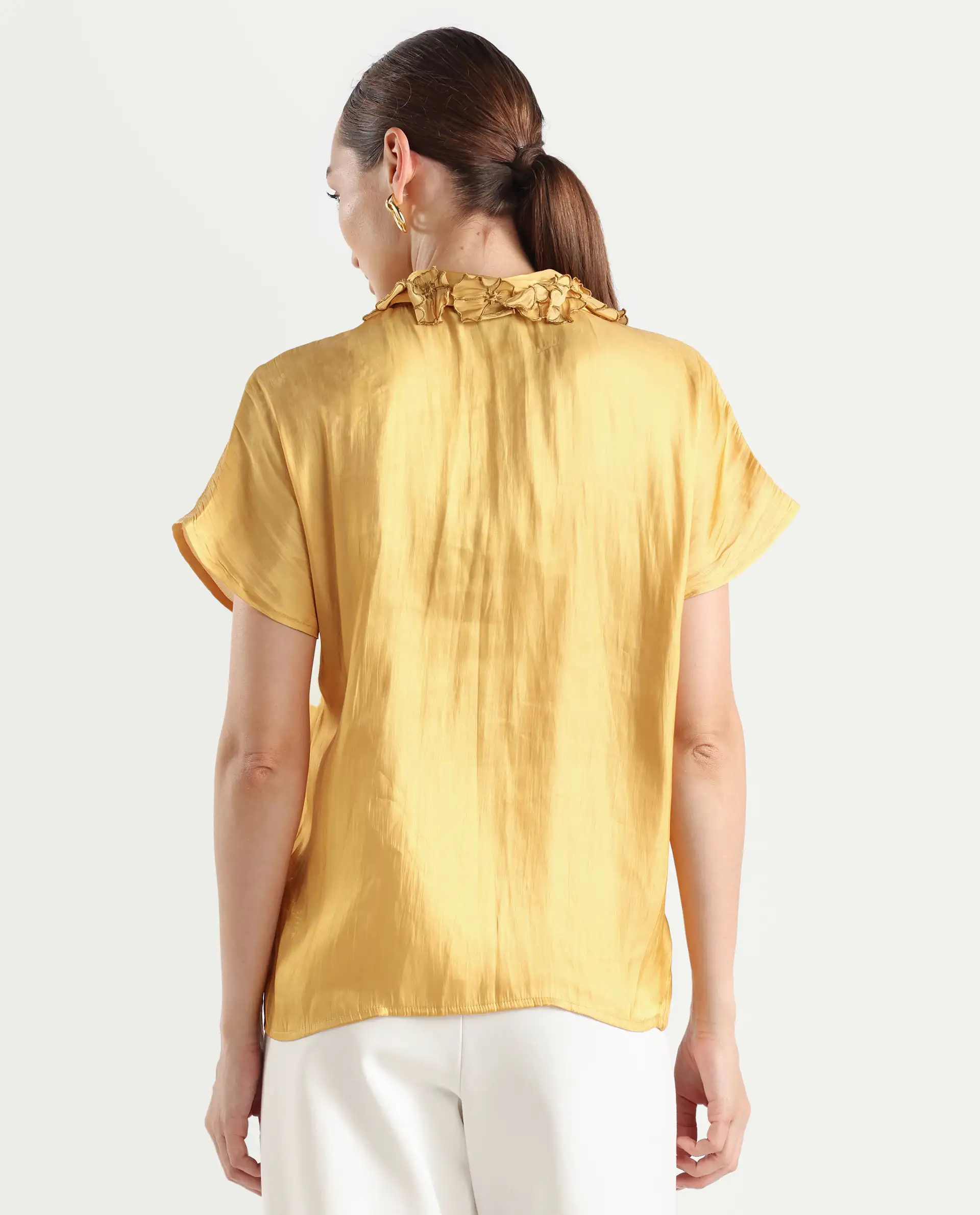 Rareism Women's Larfa Yellow Polyester Drop Collar Plain Boxy Fit Shirt - Image 7