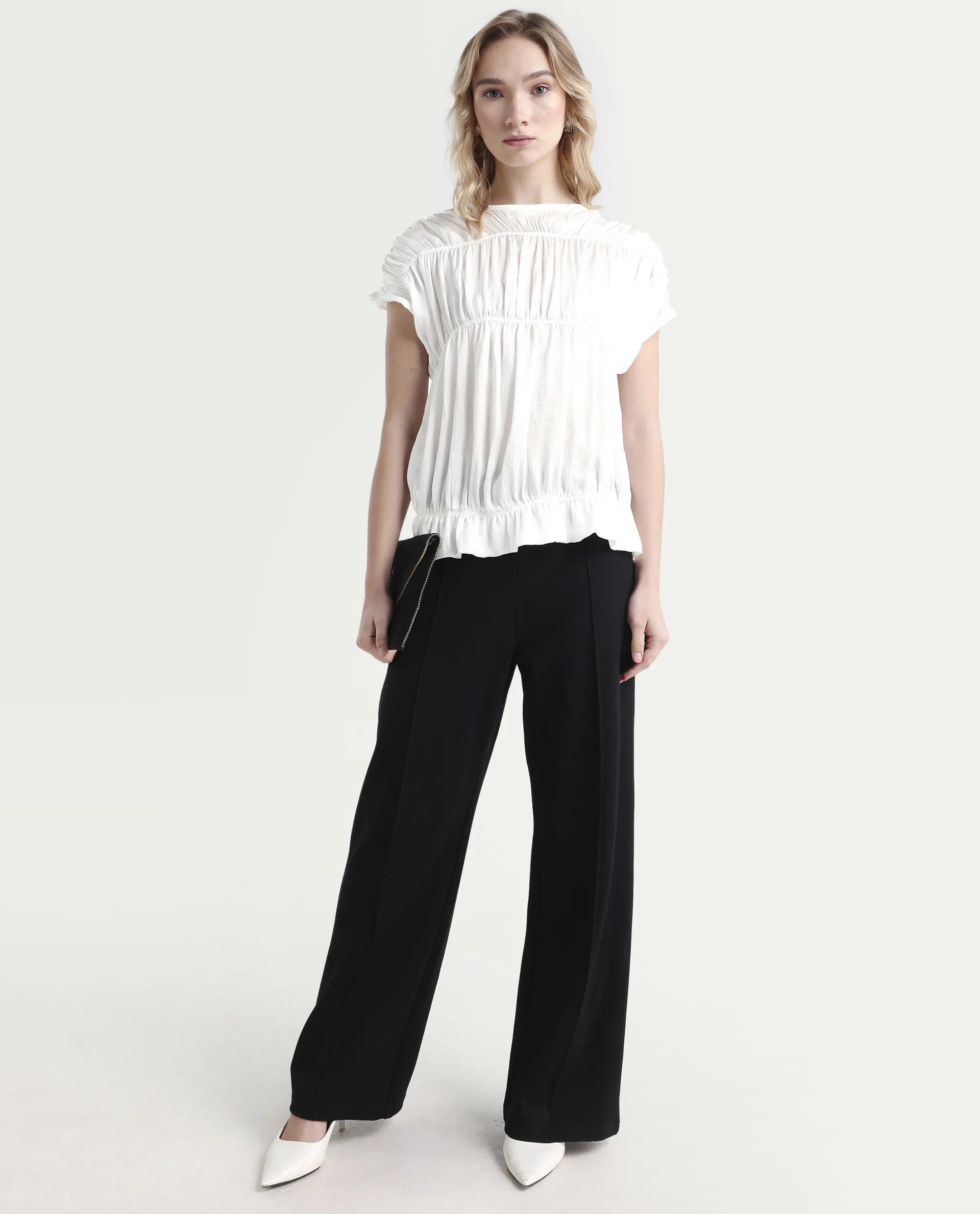 Rareism Women's Larissa Dark White Polyester Boat Neck Plain Extended Sleeves Regular Fit Top