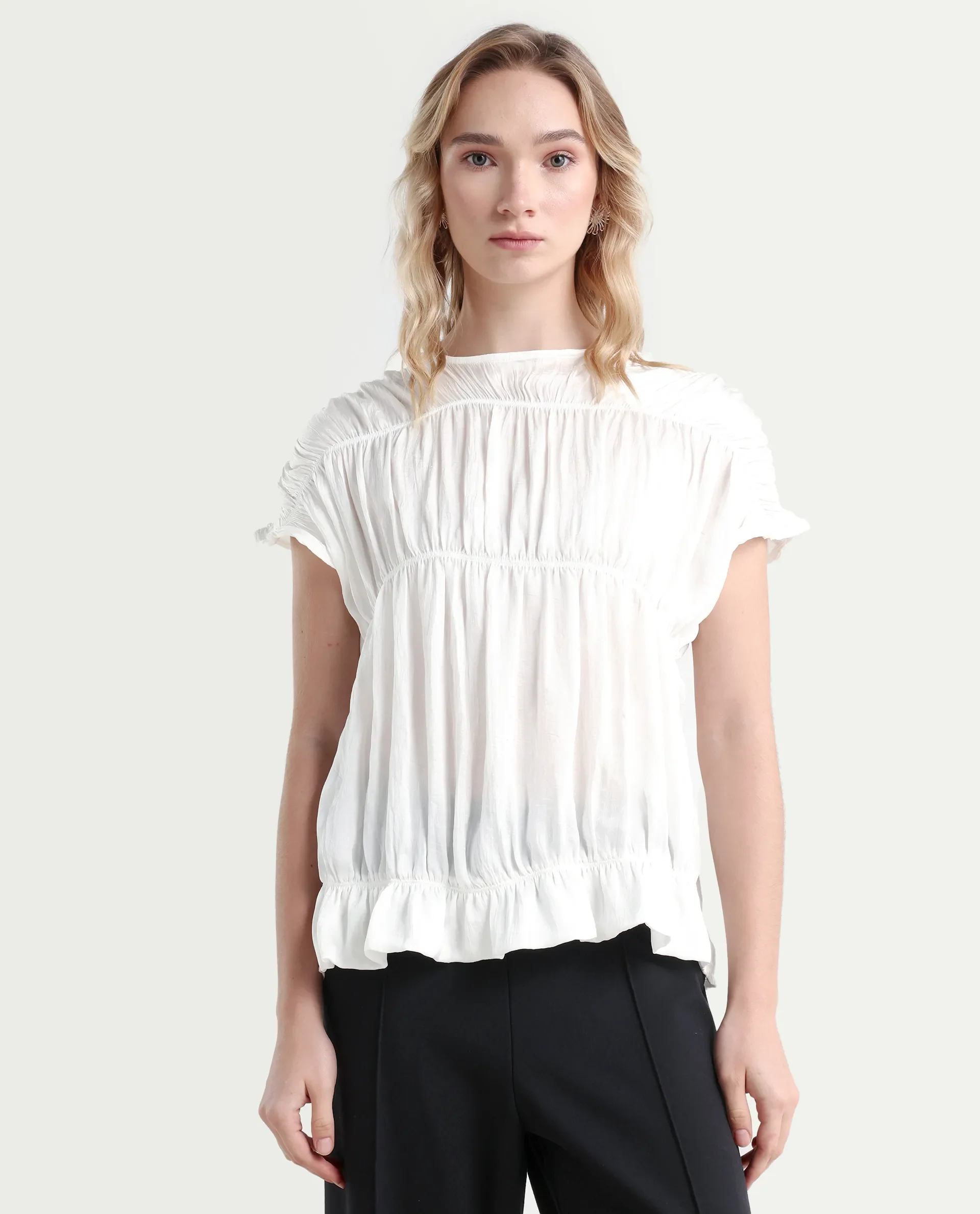Rareism Women's Larissa Dark White Polyester Boat Neck Plain Extended Sleeves Regular Fit Top - Image 2