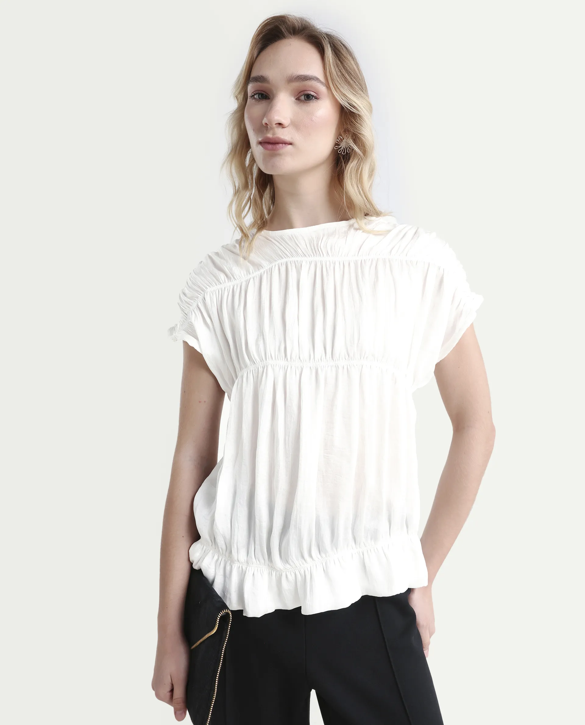 Rareism Women's Larissa Dark White Polyester Boat Neck Plain Extended Sleeves Regular Fit Top - Image 3