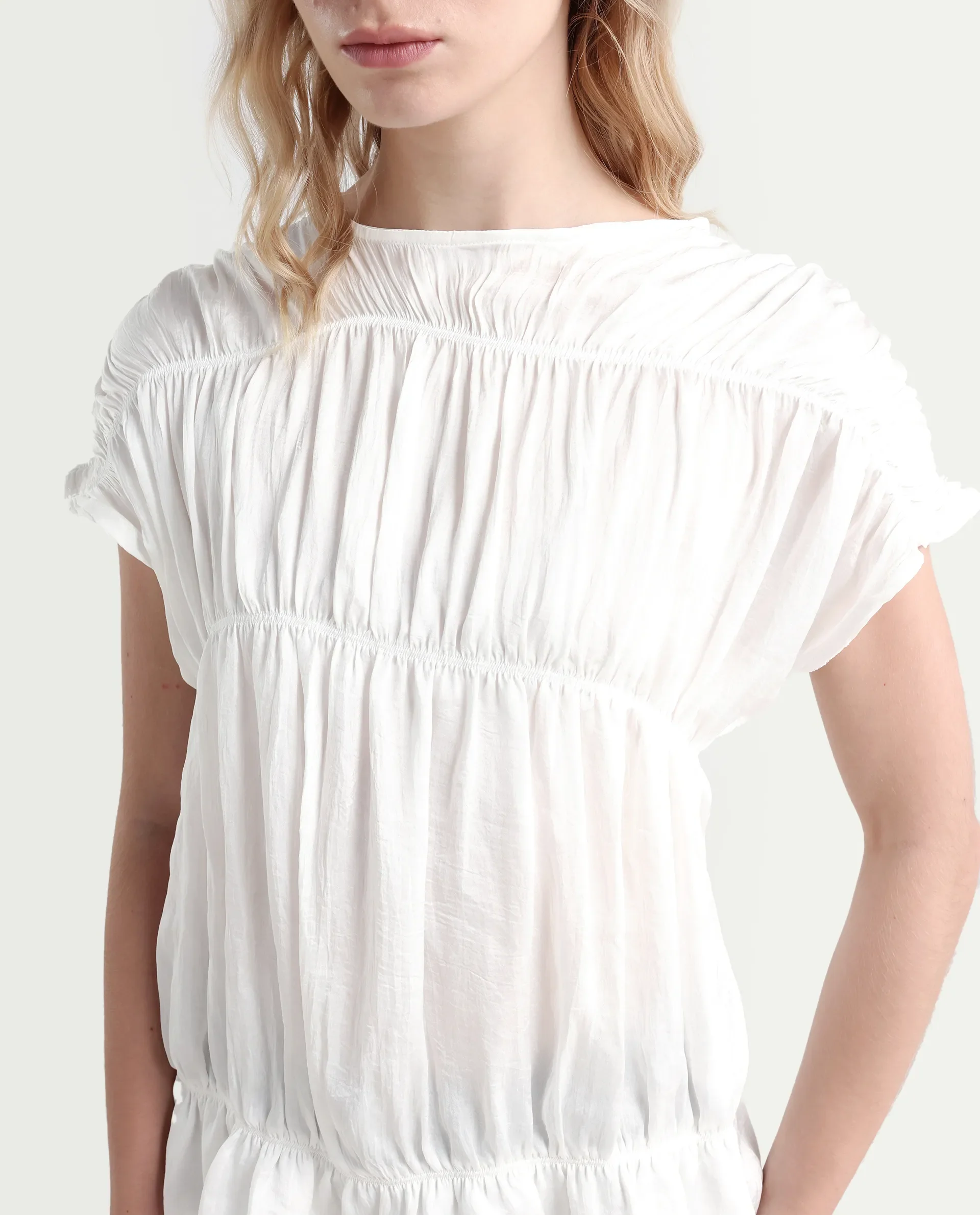 Rareism Women's Larissa Dark White Polyester Boat Neck Plain Extended Sleeves Regular Fit Top - Image 4