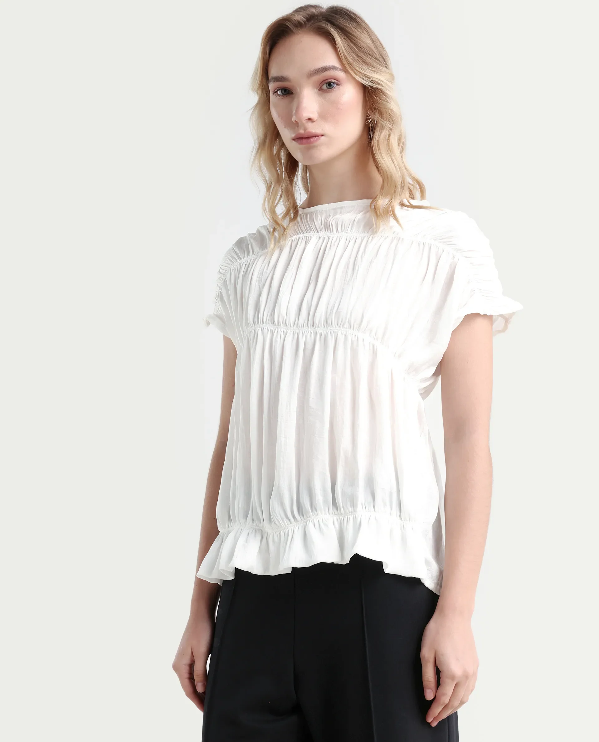 Rareism Women's Larissa Dark White Polyester Boat Neck Plain Extended Sleeves Regular Fit Top - Image 5