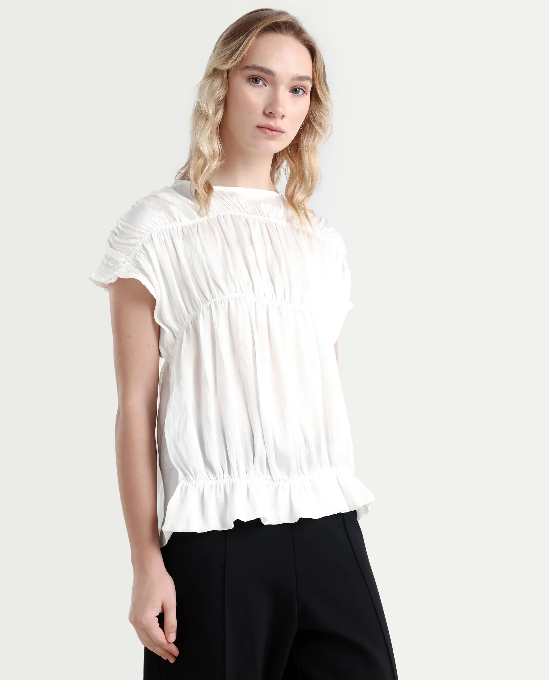 Rareism Women's Larissa Dark White Polyester Boat Neck Plain Extended Sleeves Regular Fit Top - Image 6
