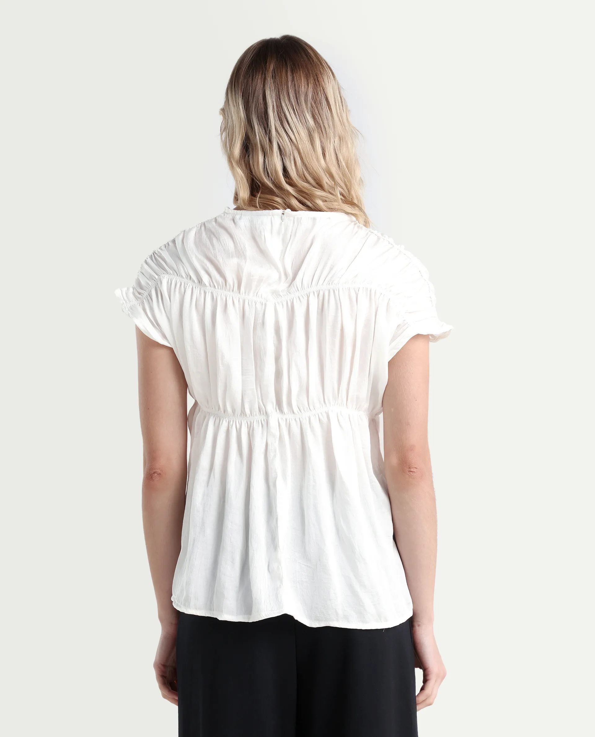 Rareism Women's Larissa Dark White Polyester Boat Neck Plain Extended Sleeves Regular Fit Top - Image 7
