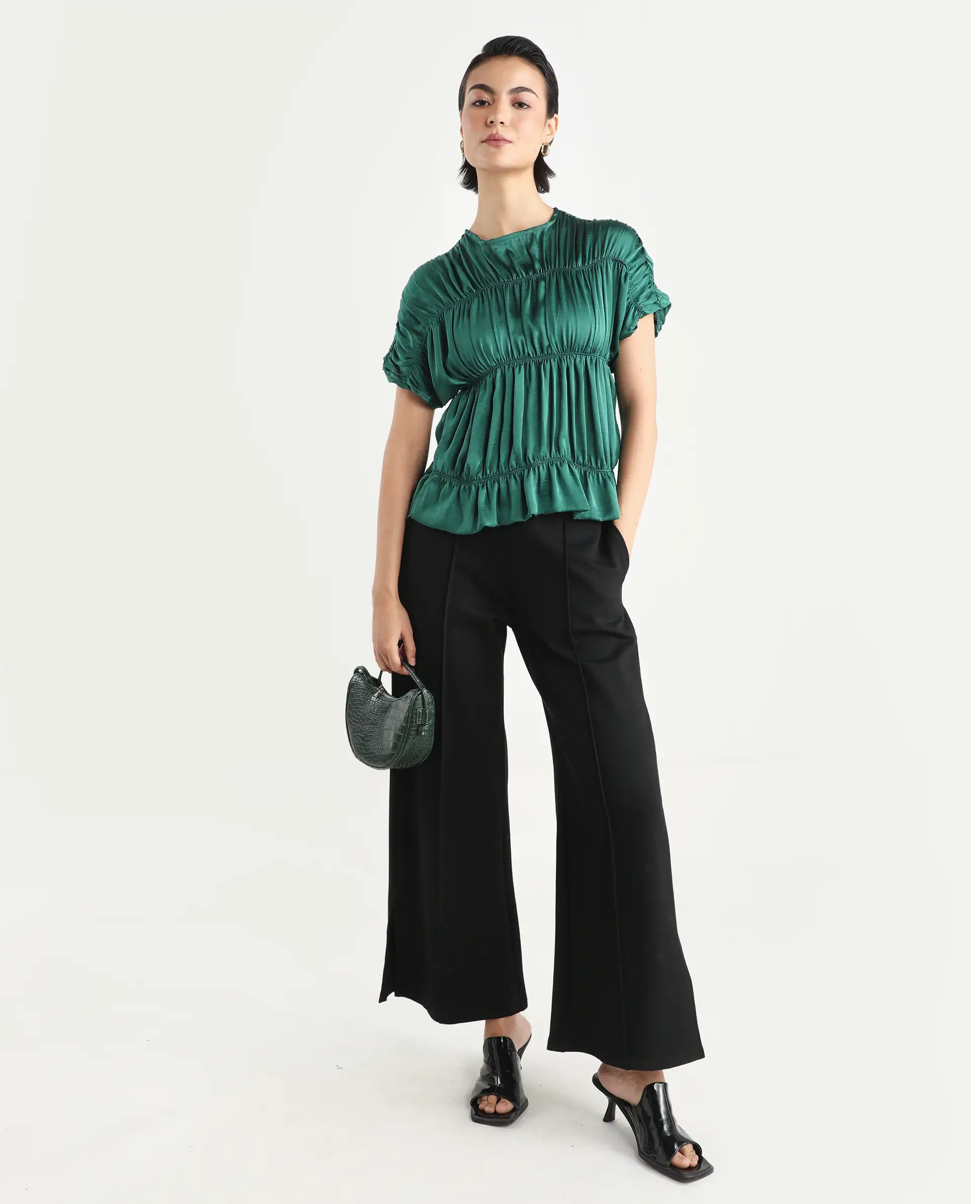 Rareism Women's Larissa Olive Polyester Boat Neck Plain Extended Sleeves Regular Fit Top - Image 2