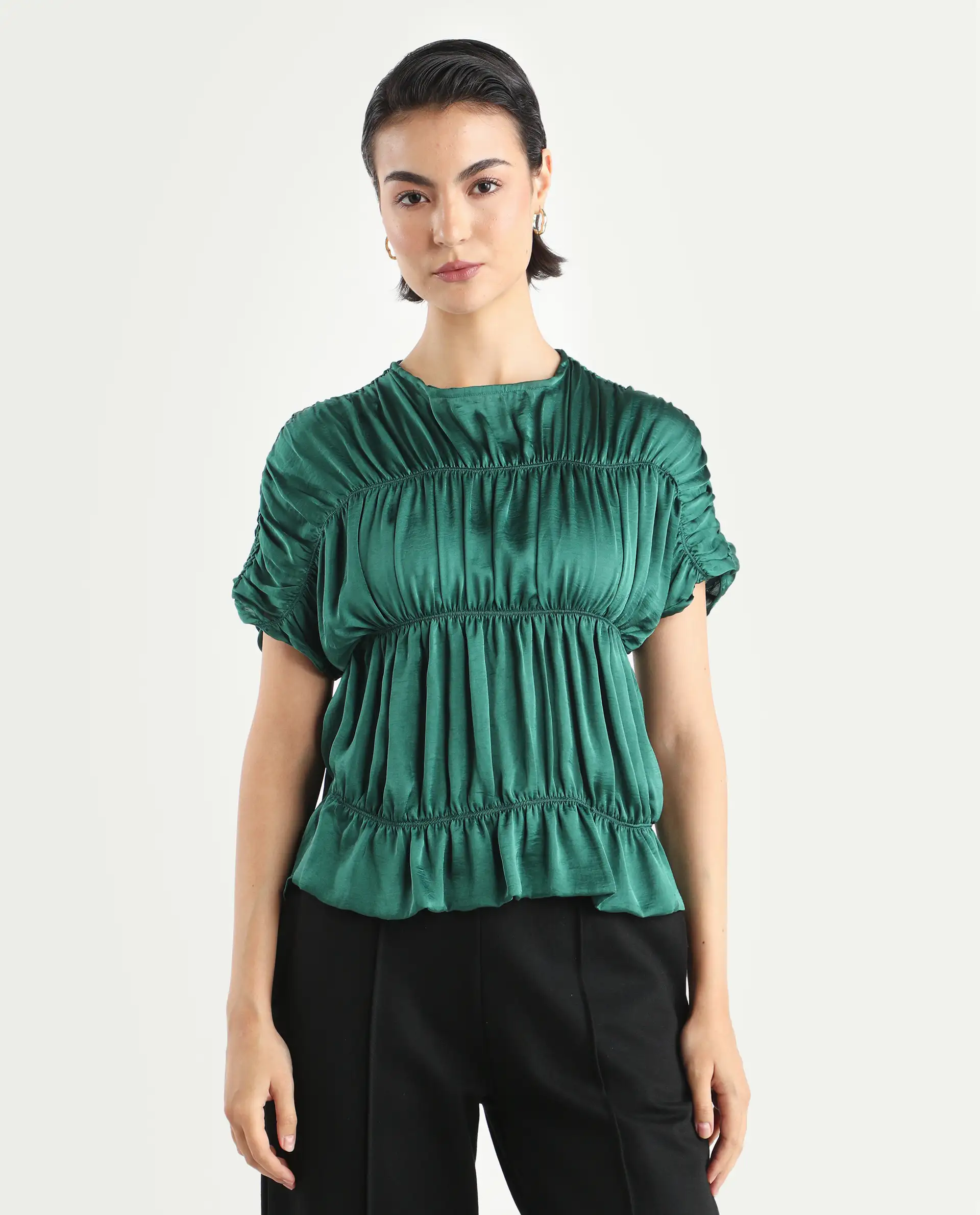 Rareism Women's Larissa Olive Polyester Boat Neck Plain Extended Sleeves Regular Fit Top - Image 3