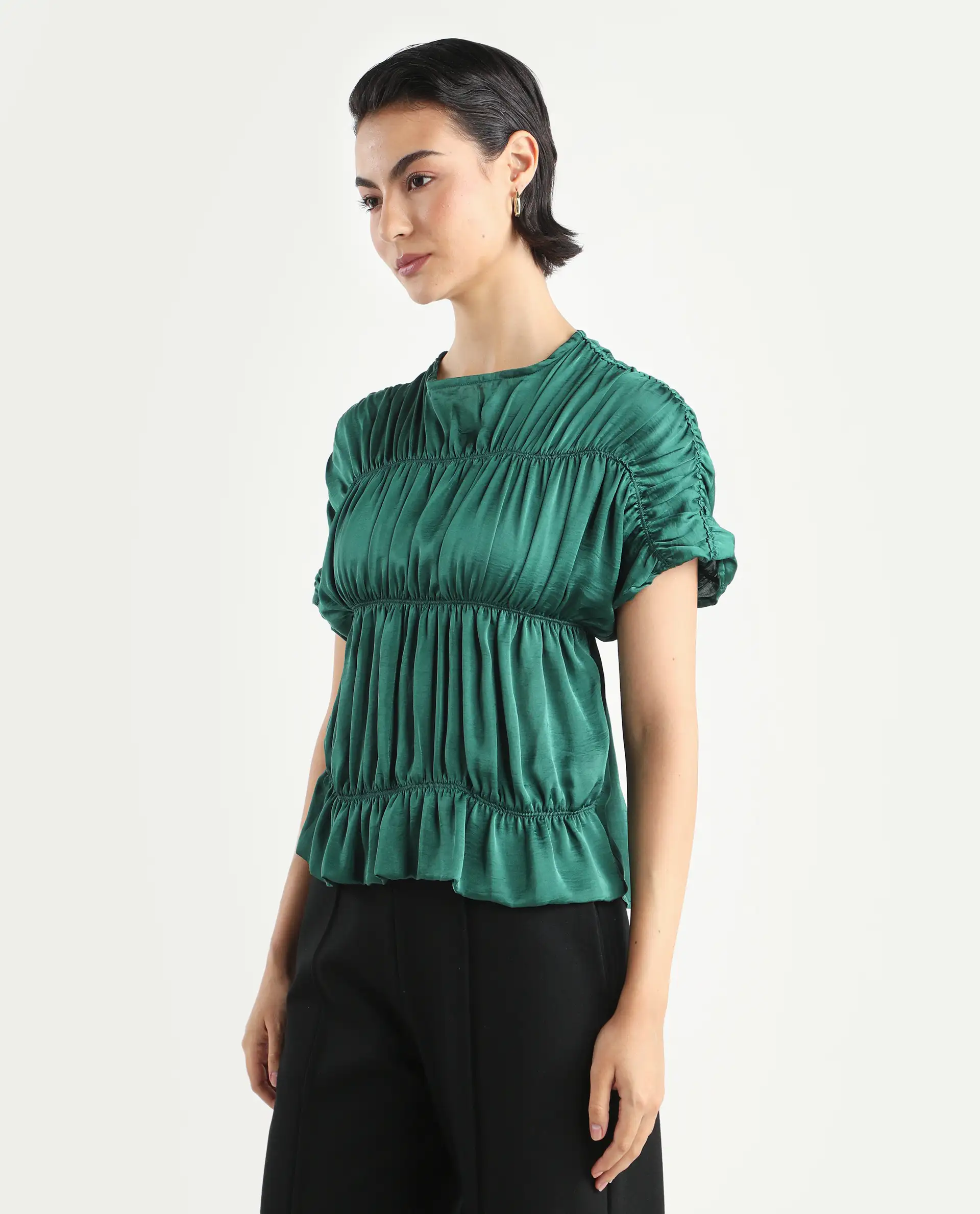 Rareism Women's Larissa Olive Polyester Boat Neck Plain Extended Sleeves Regular Fit Top - Image 5
