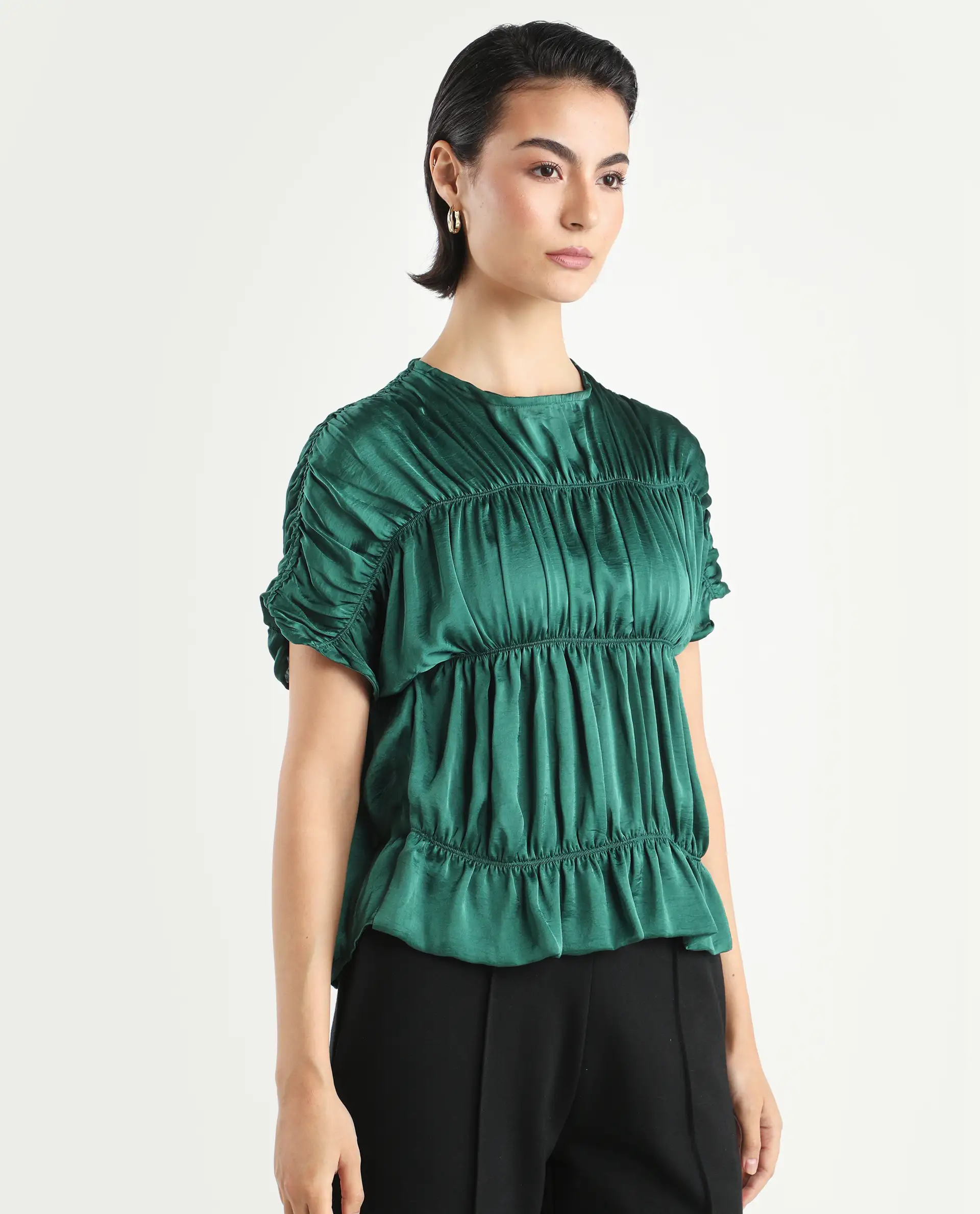 Rareism Women's Larissa Olive Polyester Boat Neck Plain Extended Sleeves Regular Fit Top - Image 6