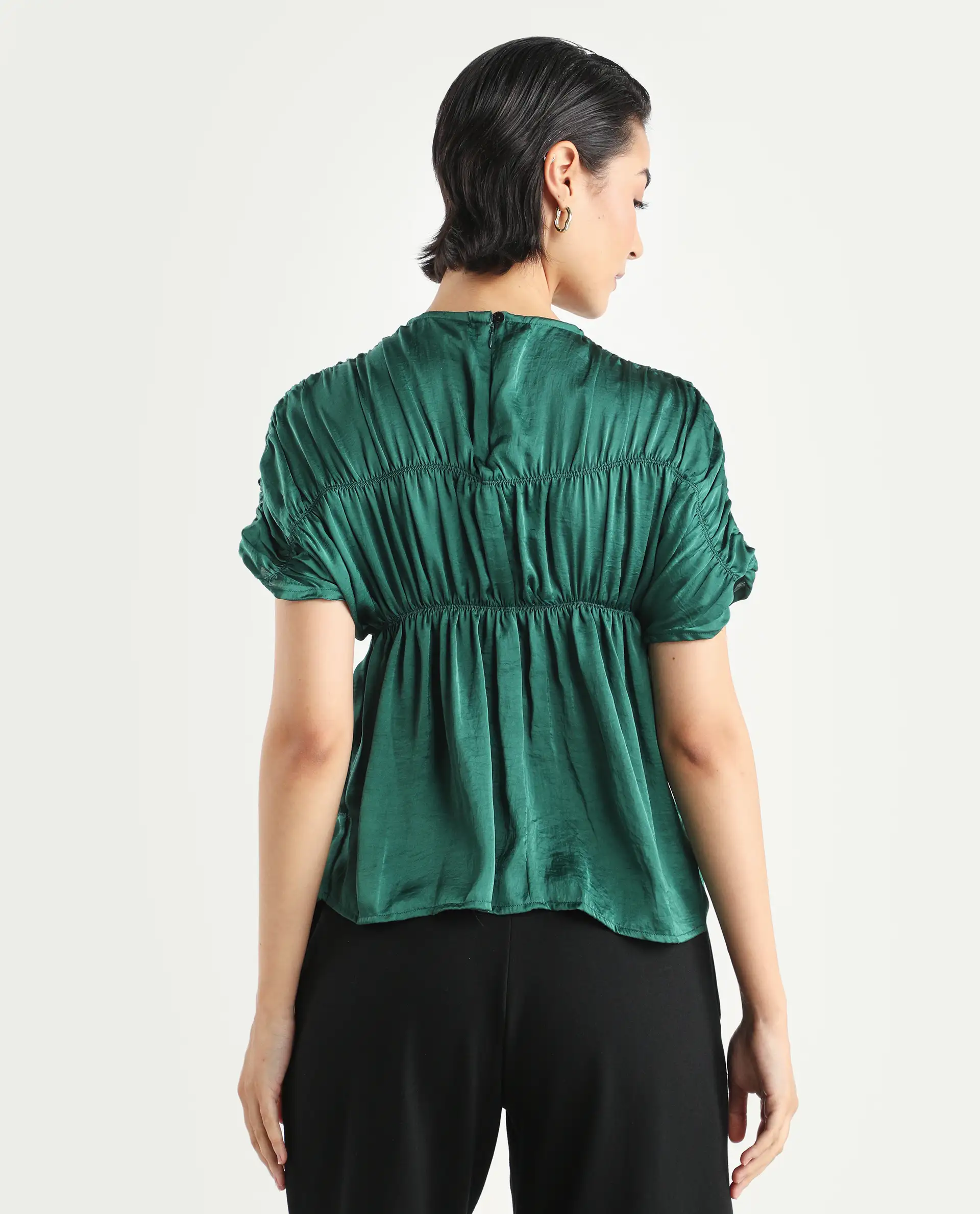 Rareism Women's Larissa Olive Polyester Boat Neck Plain Extended Sleeves Regular Fit Top - Image 7