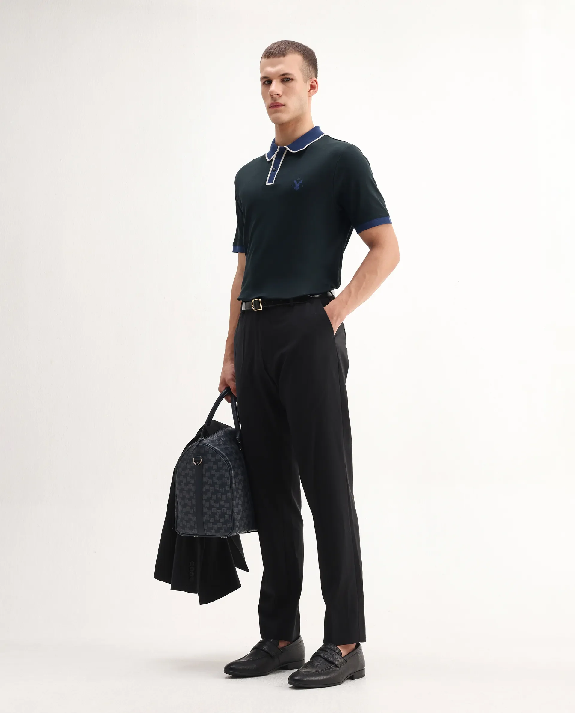 Rare Rabbit Men's Lark Dark Green Cotton Plain Regular Fit Half Sleeve Polo - Image 2