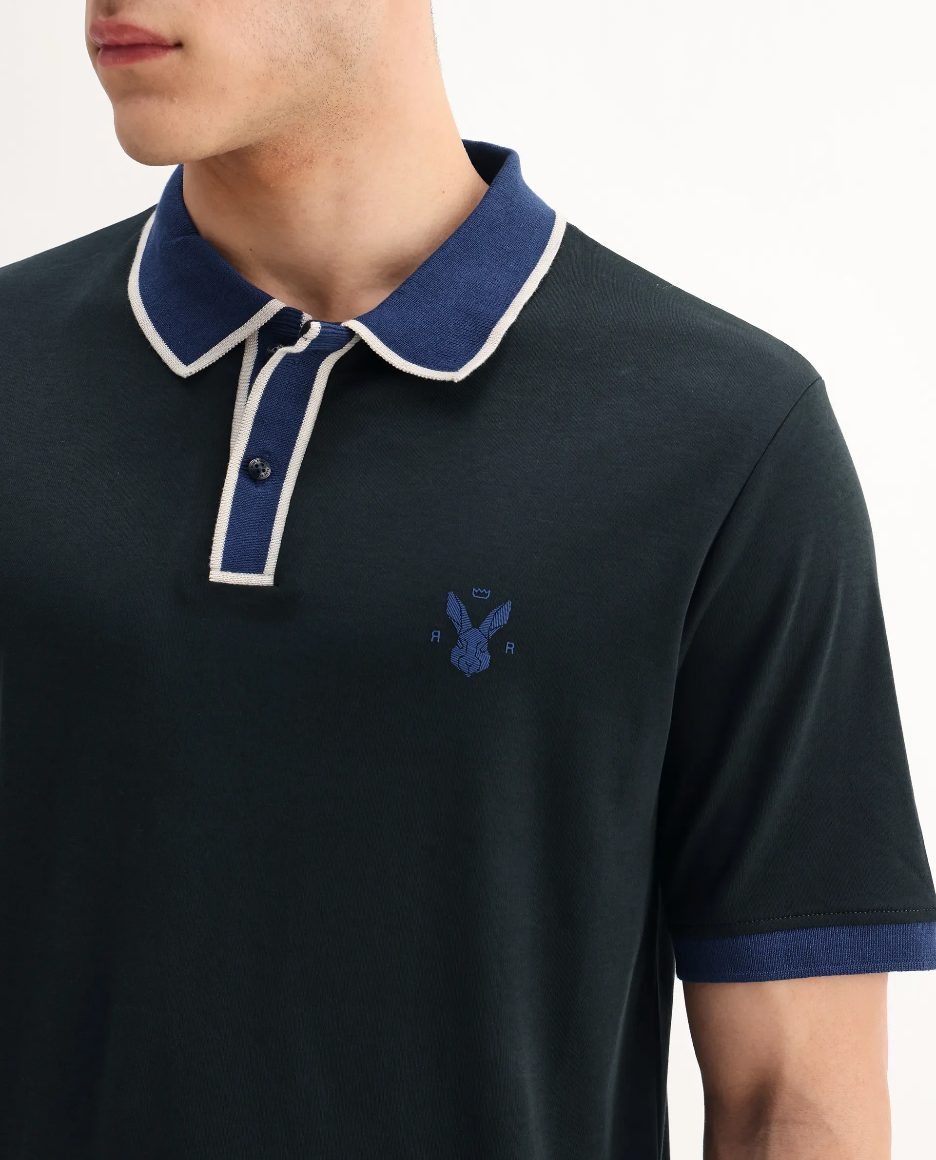 Rare Rabbit Men's Lark Dark Green Cotton Plain Regular Fit Half Sleeve Polo - Image 3