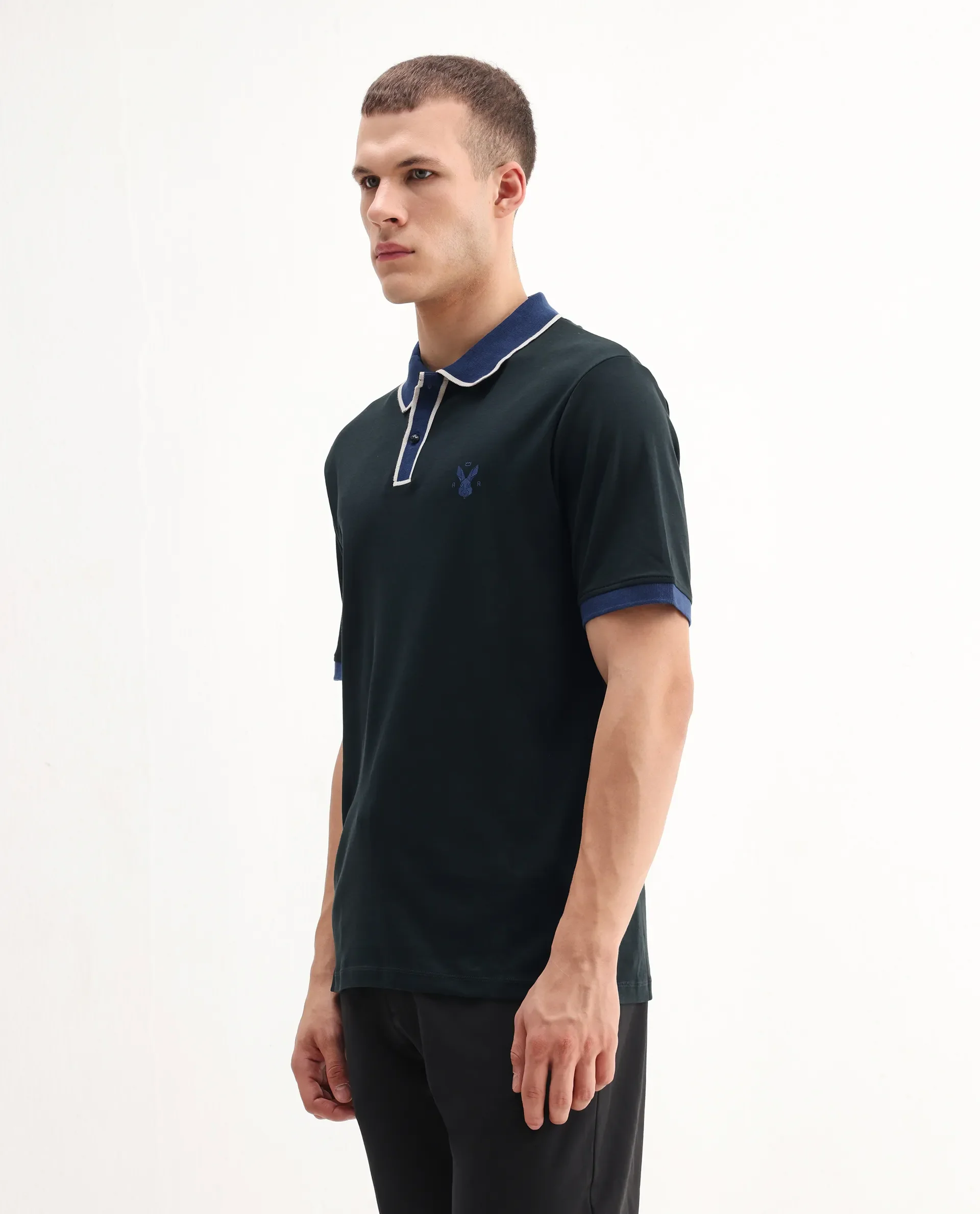 Rare Rabbit Men's Lark Dark Green Cotton Plain Regular Fit Half Sleeve Polo - Image 4