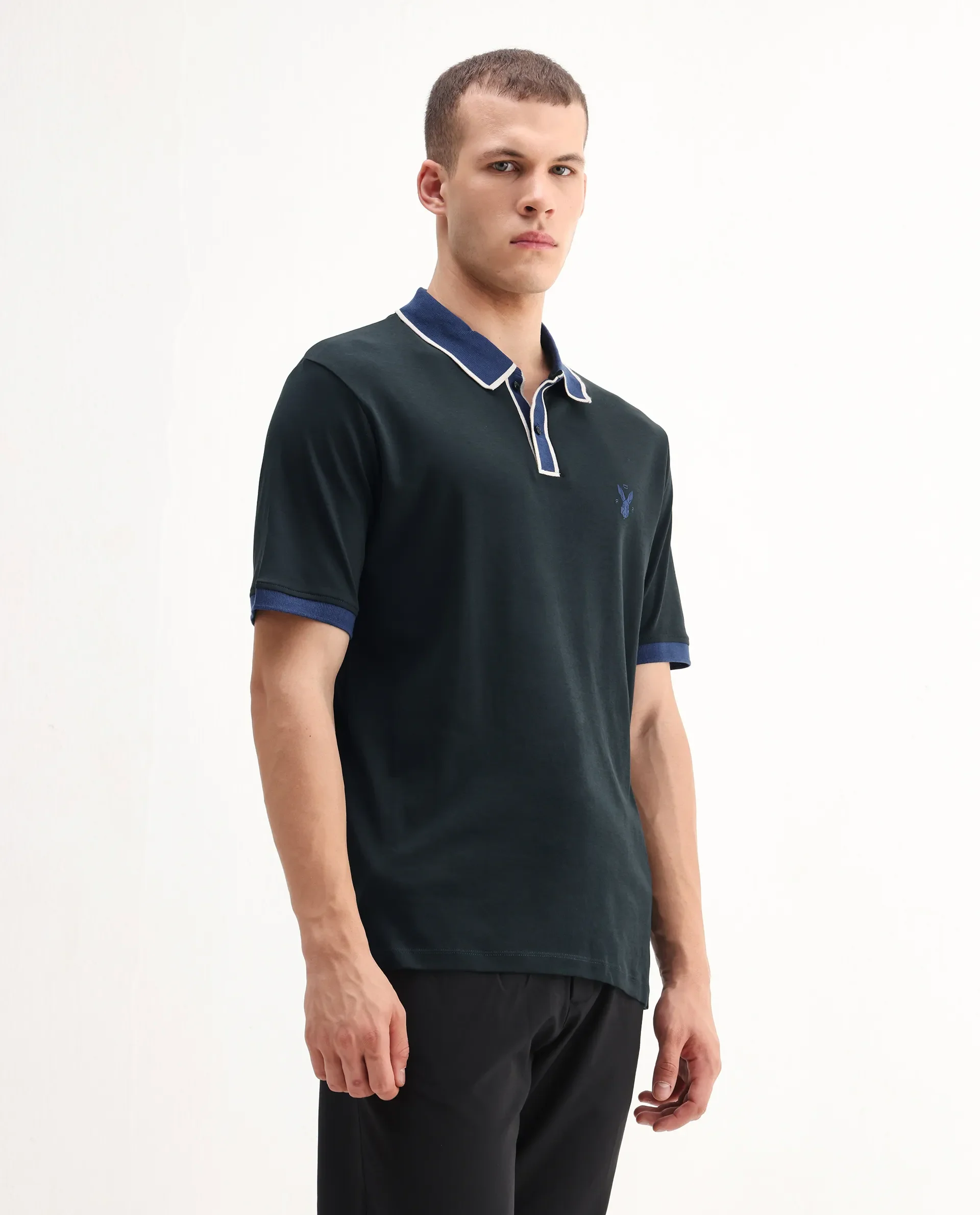 Rare Rabbit Men's Lark Dark Green Cotton Plain Regular Fit Half Sleeve Polo - Image 5