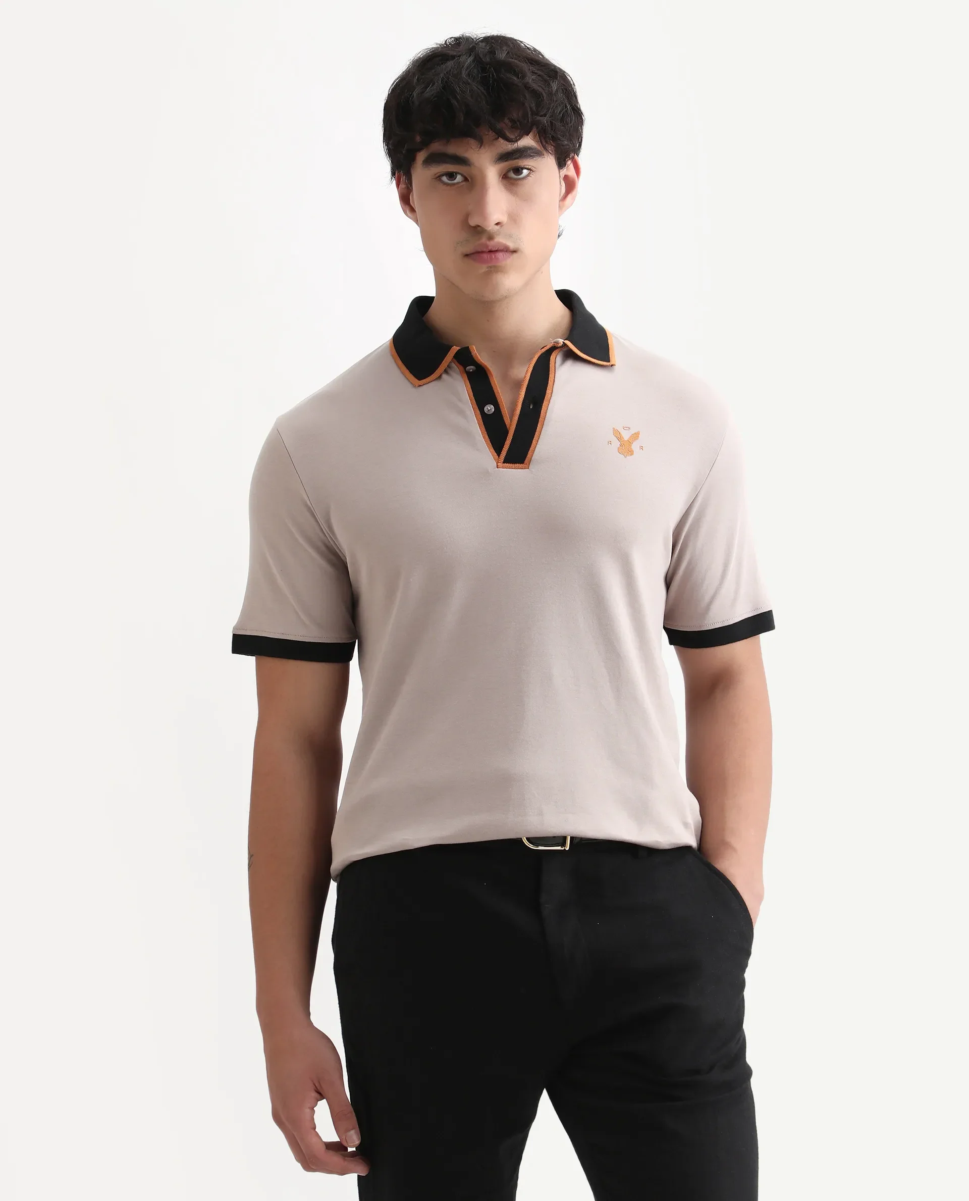 Rare Rabbit Men's Lark Dusky Beige Cotton Plain Regular Fit Half Sleeve Polo - Image 3