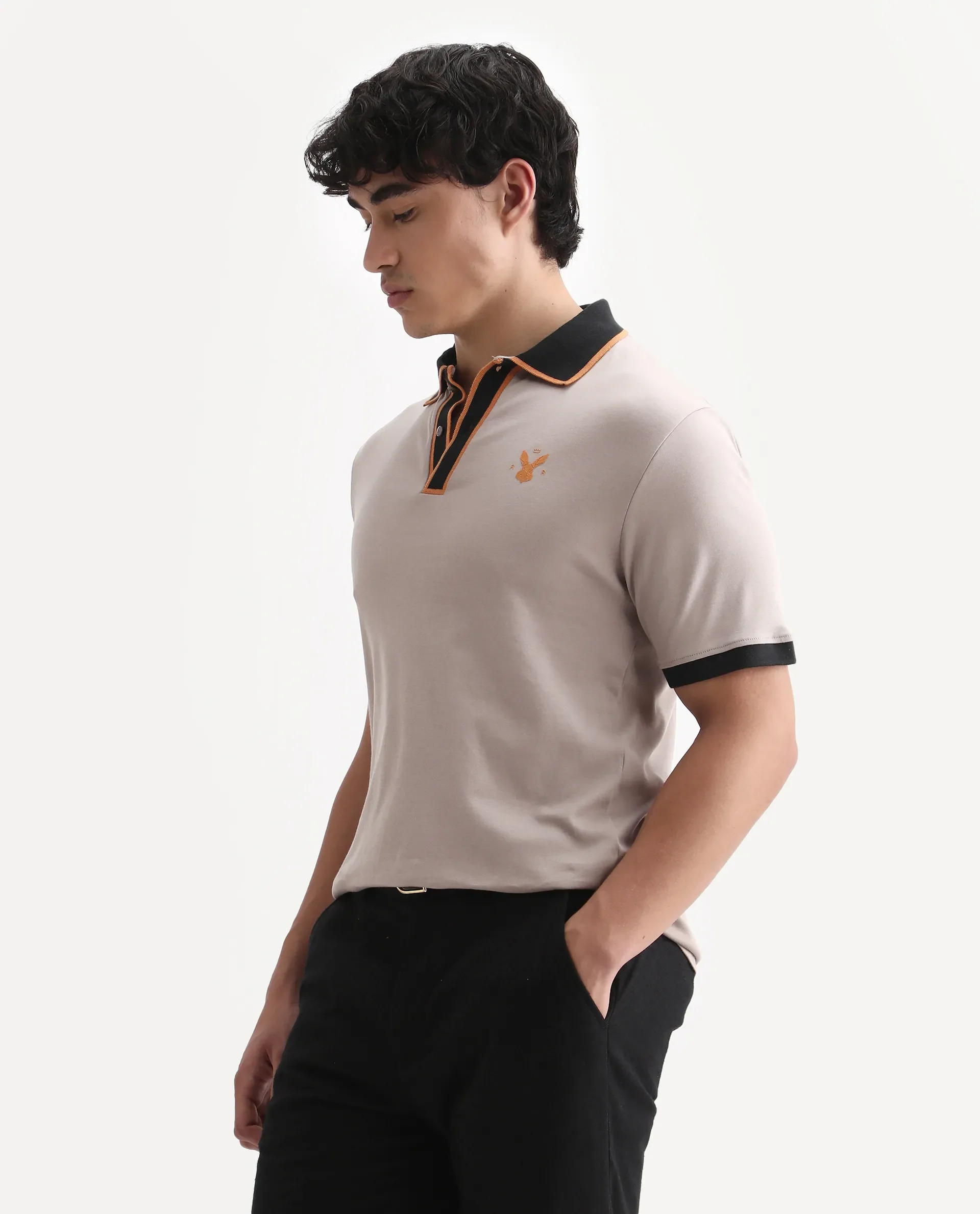Rare Rabbit Men's Lark Dusky Beige Cotton Plain Regular Fit Half Sleeve Polo - Image 4