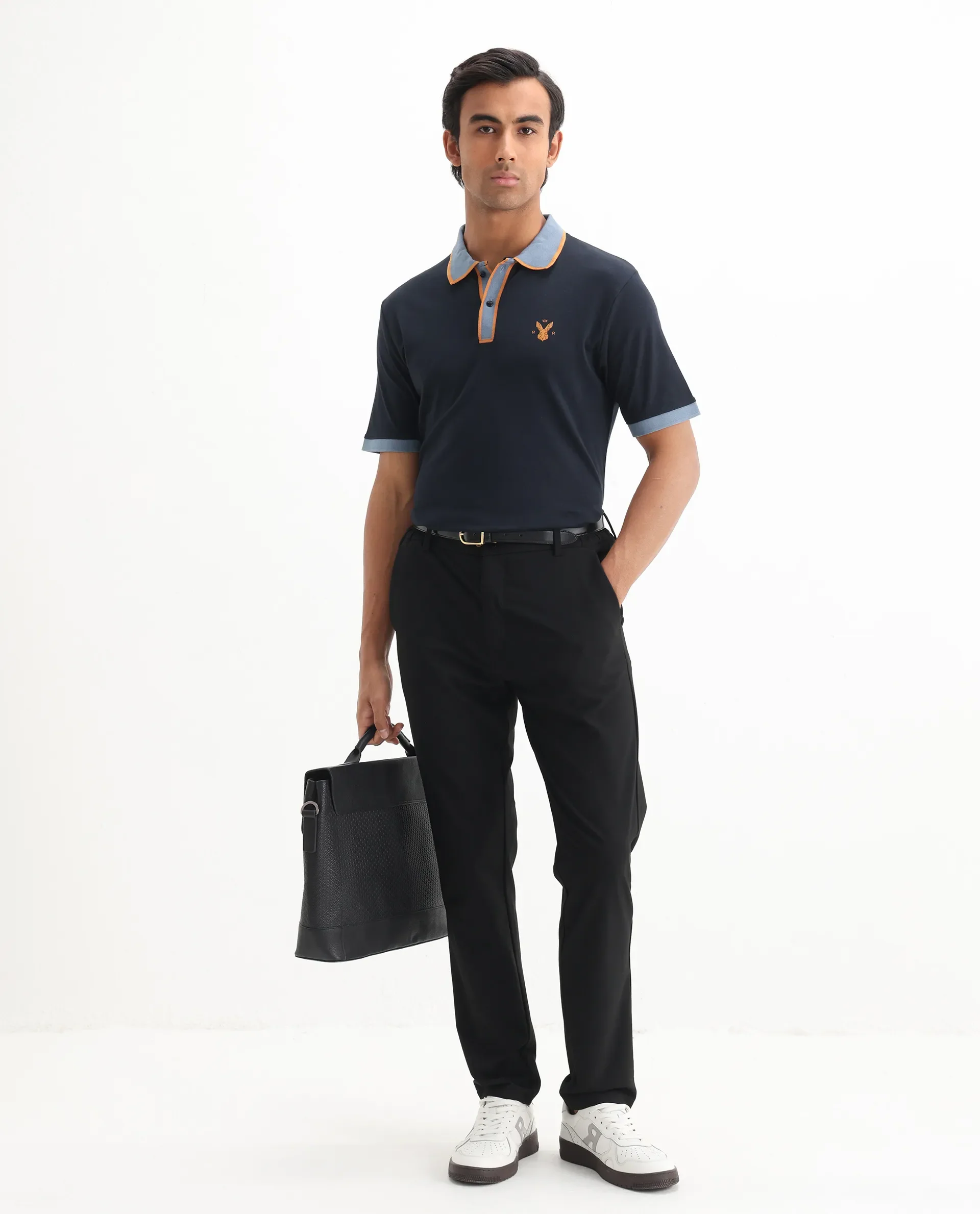 Rare Rabbit Men's Lark Navy Cotton Plain Regular Fit Half Sleeve Polo - Image 2