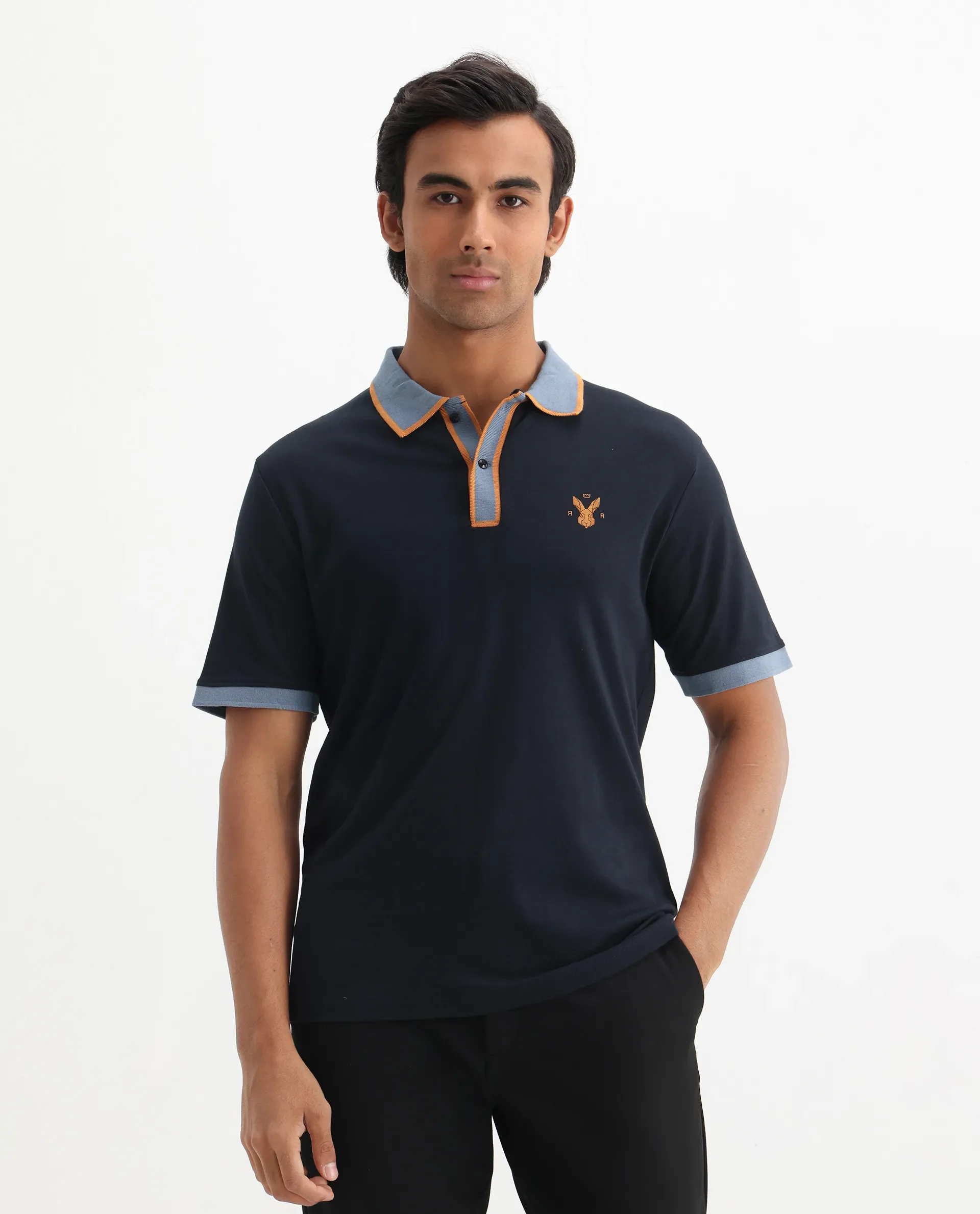 Rare Rabbit Men's Lark Navy Cotton Plain Regular Fit Half Sleeve Polo - Image 3