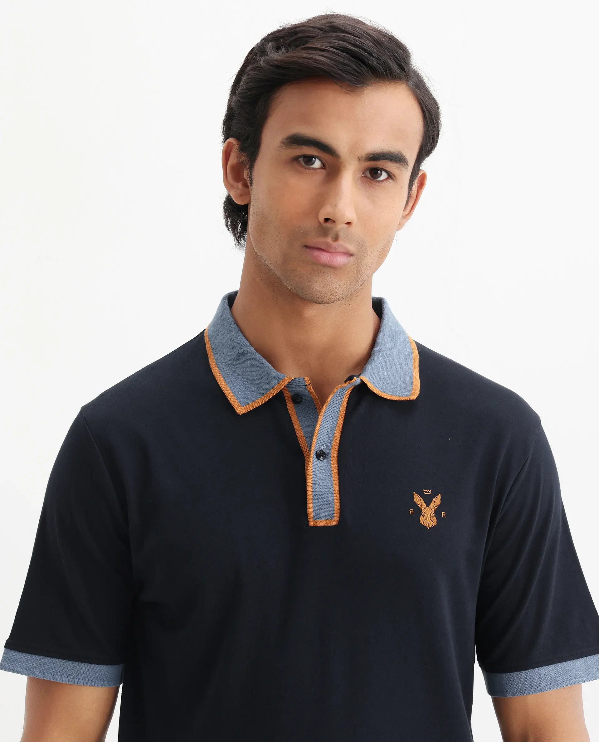 Rare Rabbit Men's Lark Navy Cotton Plain Regular Fit Half Sleeve Polo - Image 4