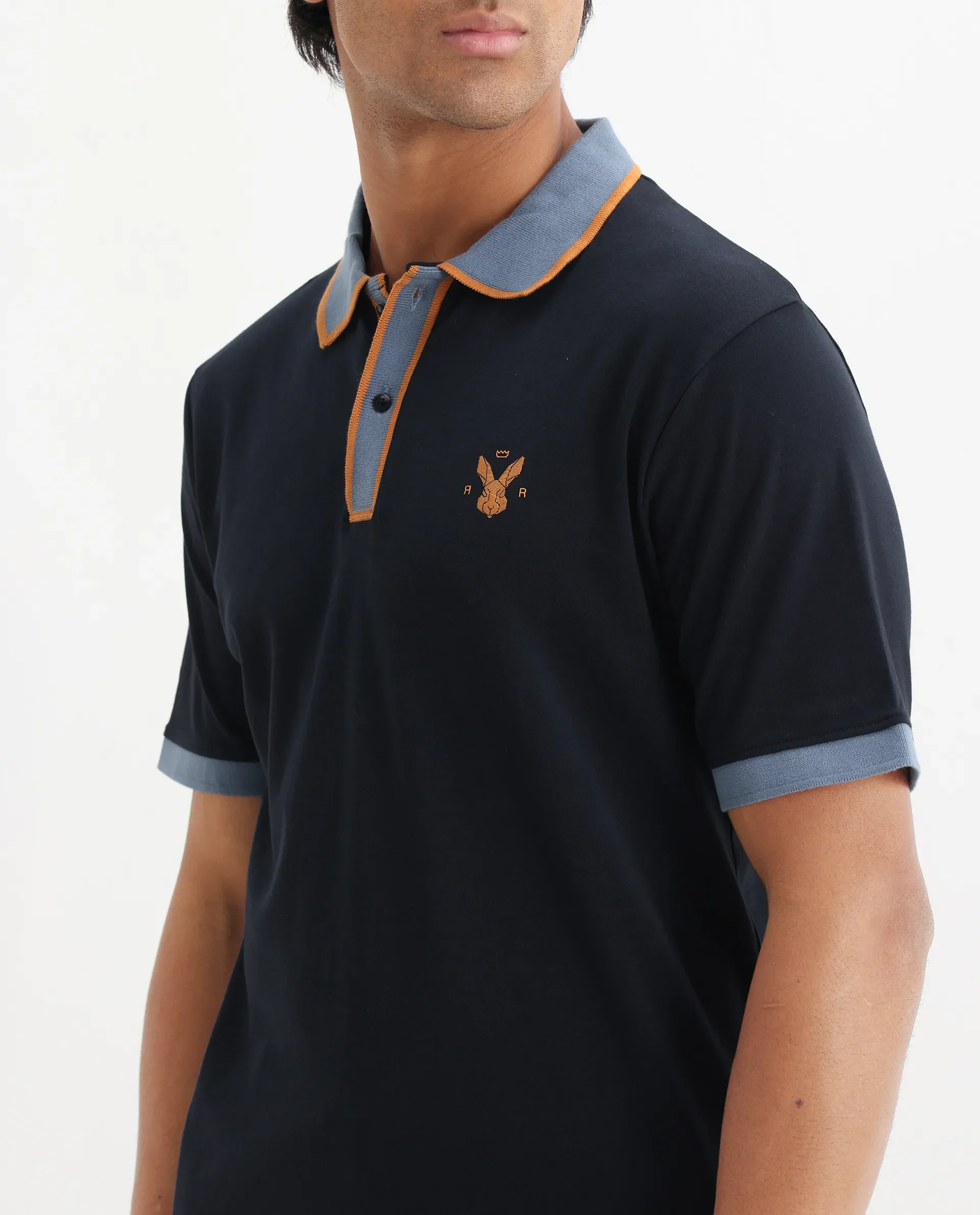 Rare Rabbit Men's Lark Navy Cotton Plain Regular Fit Half Sleeve Polo - Image 5