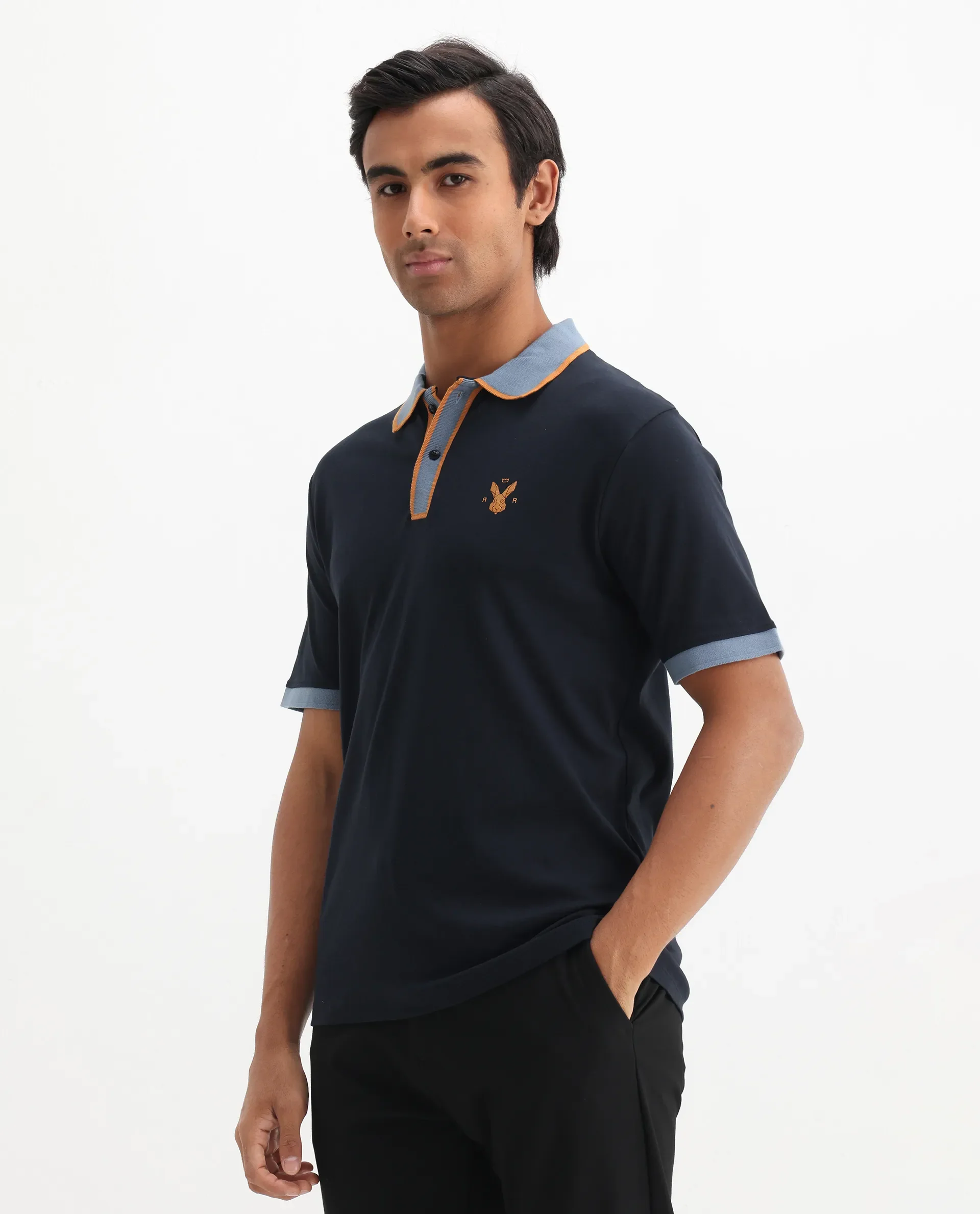 Rare Rabbit Men's Lark Navy Cotton Plain Regular Fit Half Sleeve Polo - Image 7