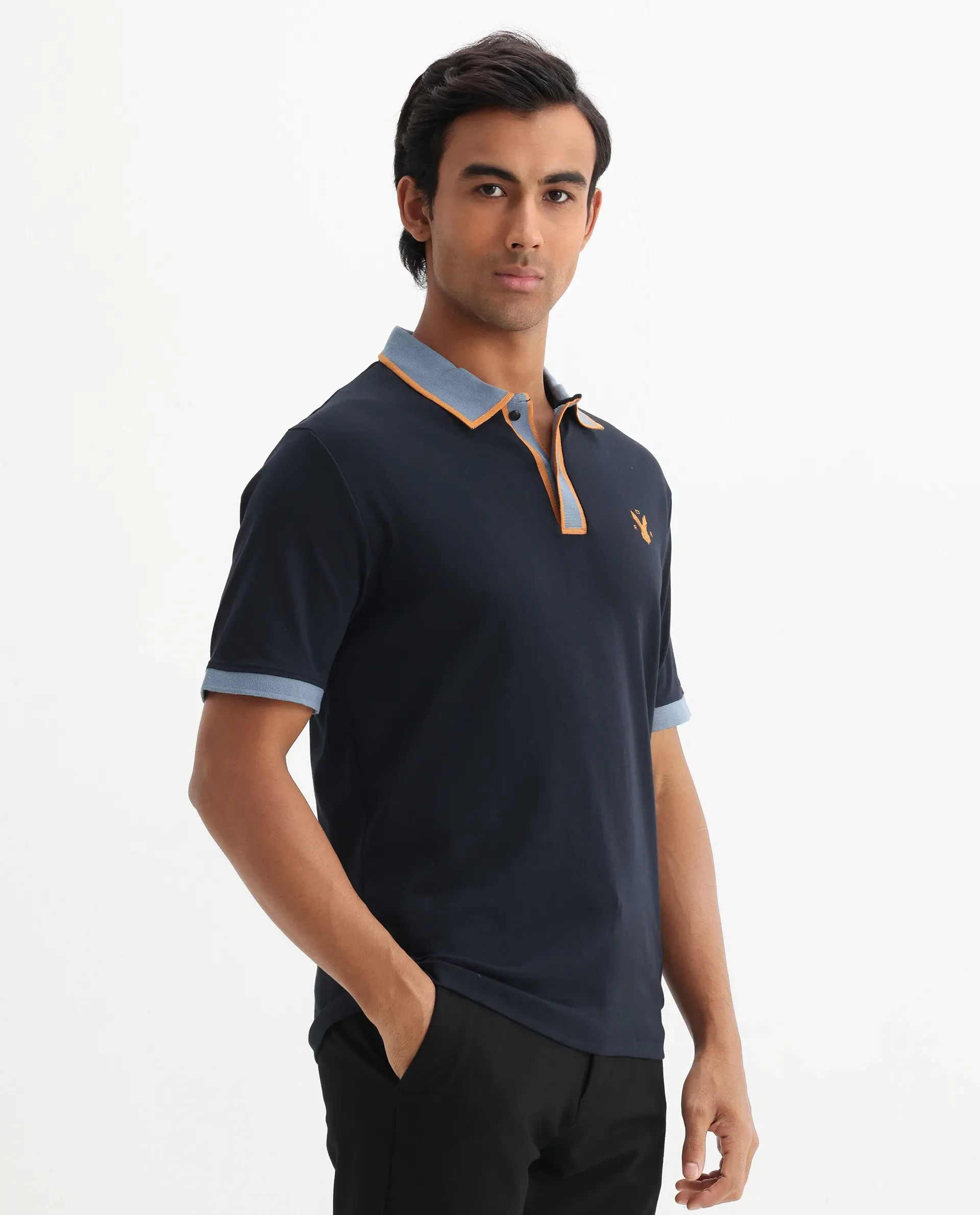 Rare Rabbit Men's Lark Navy Cotton Plain Regular Fit Half Sleeve Polo - Image 8