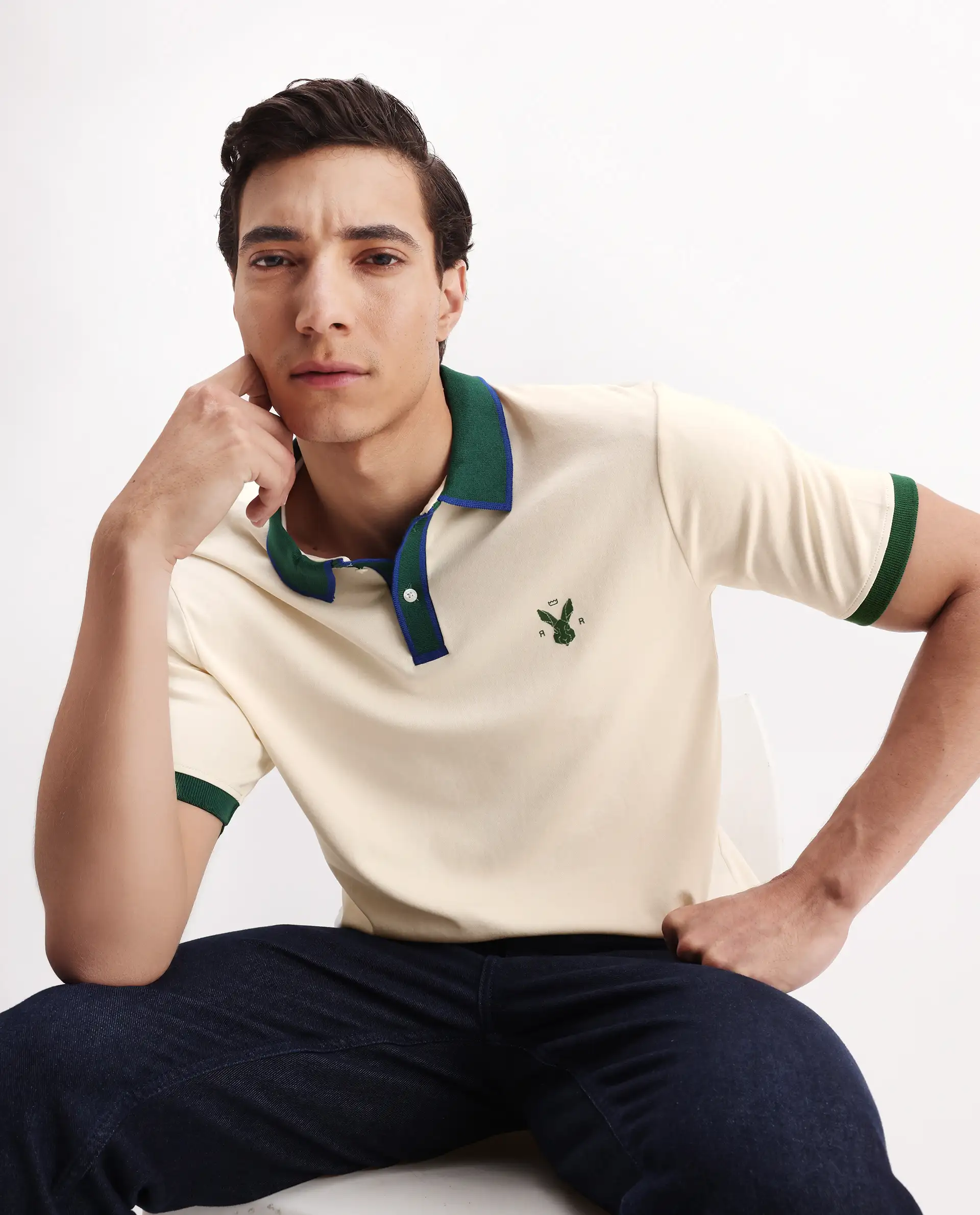 Rare Rabbit Men's Lark Off White Cotton Plain Regular Fit Half Sleeve Polo