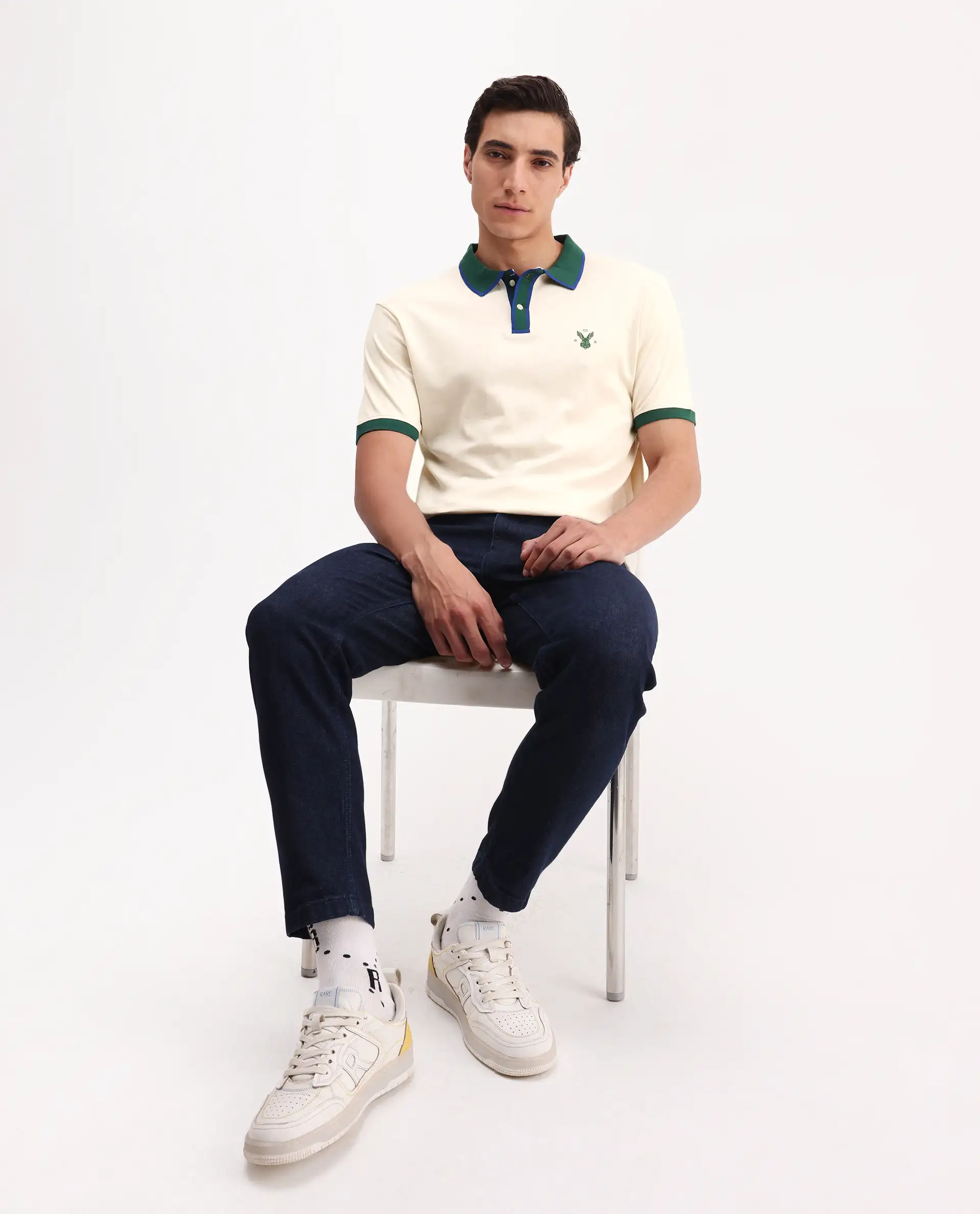 Rare Rabbit Men's Lark Off White Cotton Plain Regular Fit Half Sleeve Polo - Image 2
