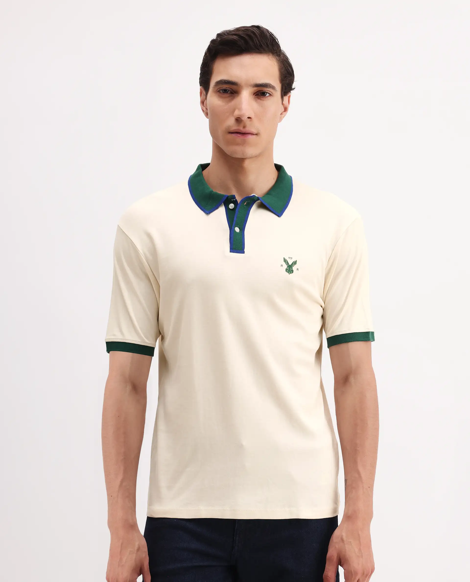 Rare Rabbit Men's Lark Off White Cotton Plain Regular Fit Half Sleeve Polo - Image 3