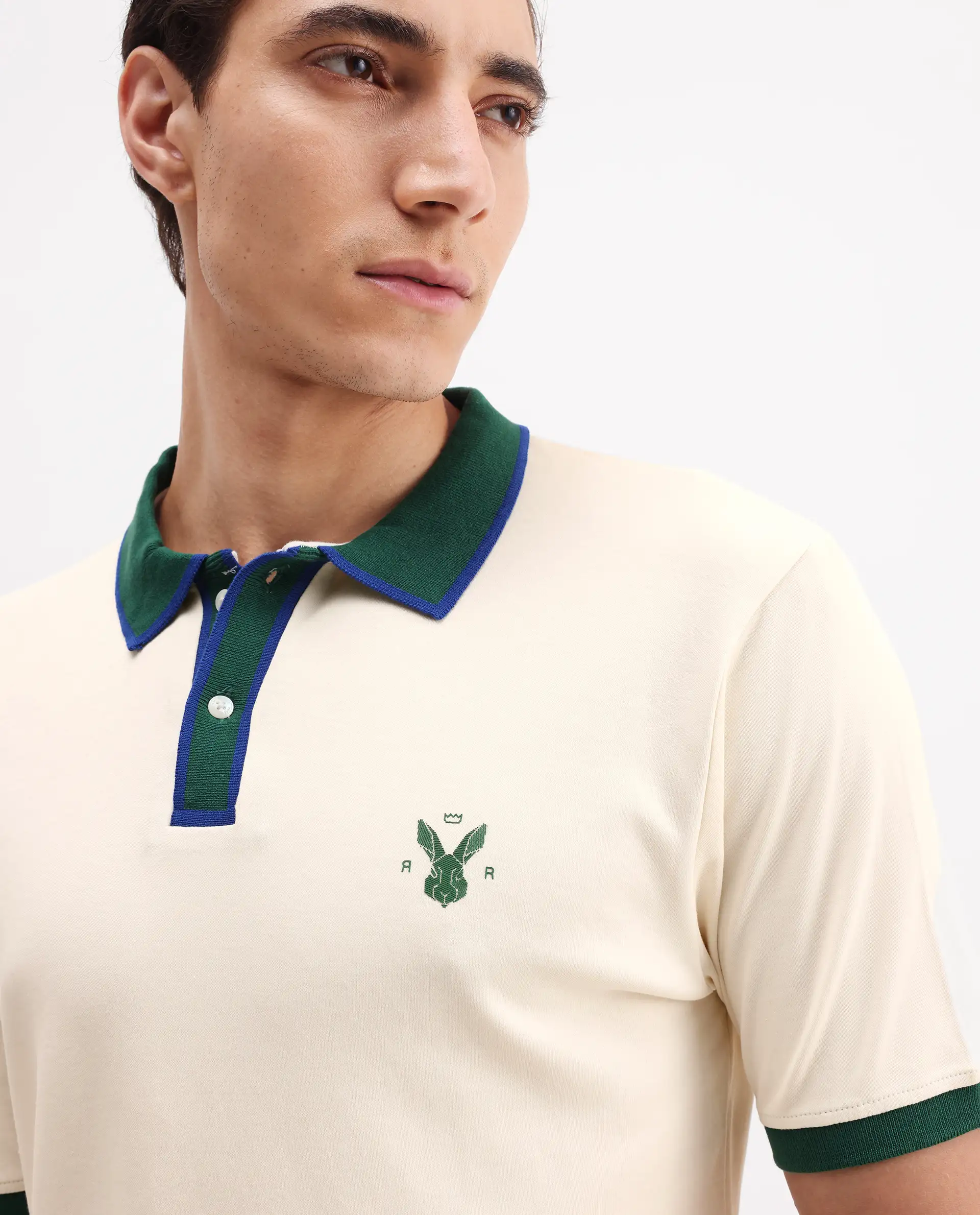 Rare Rabbit Men's Lark Off White Cotton Plain Regular Fit Half Sleeve Polo - Image 4