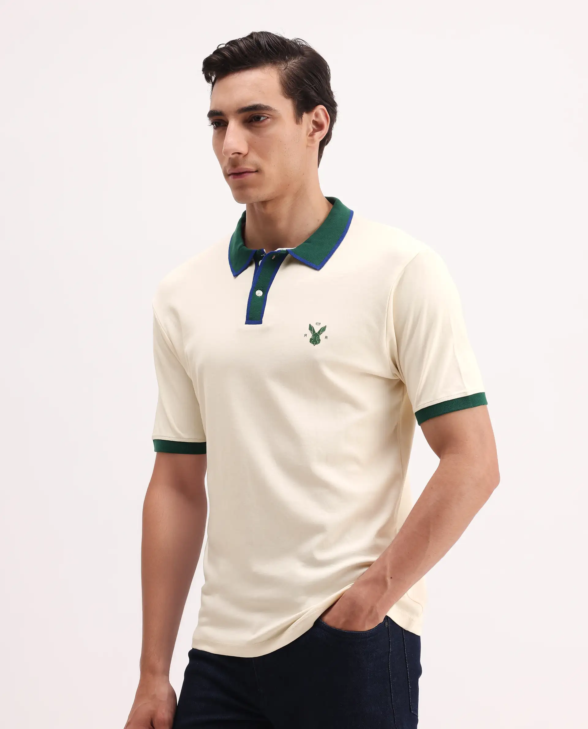 Rare Rabbit Men's Lark Off White Cotton Plain Regular Fit Half Sleeve Polo - Image 5