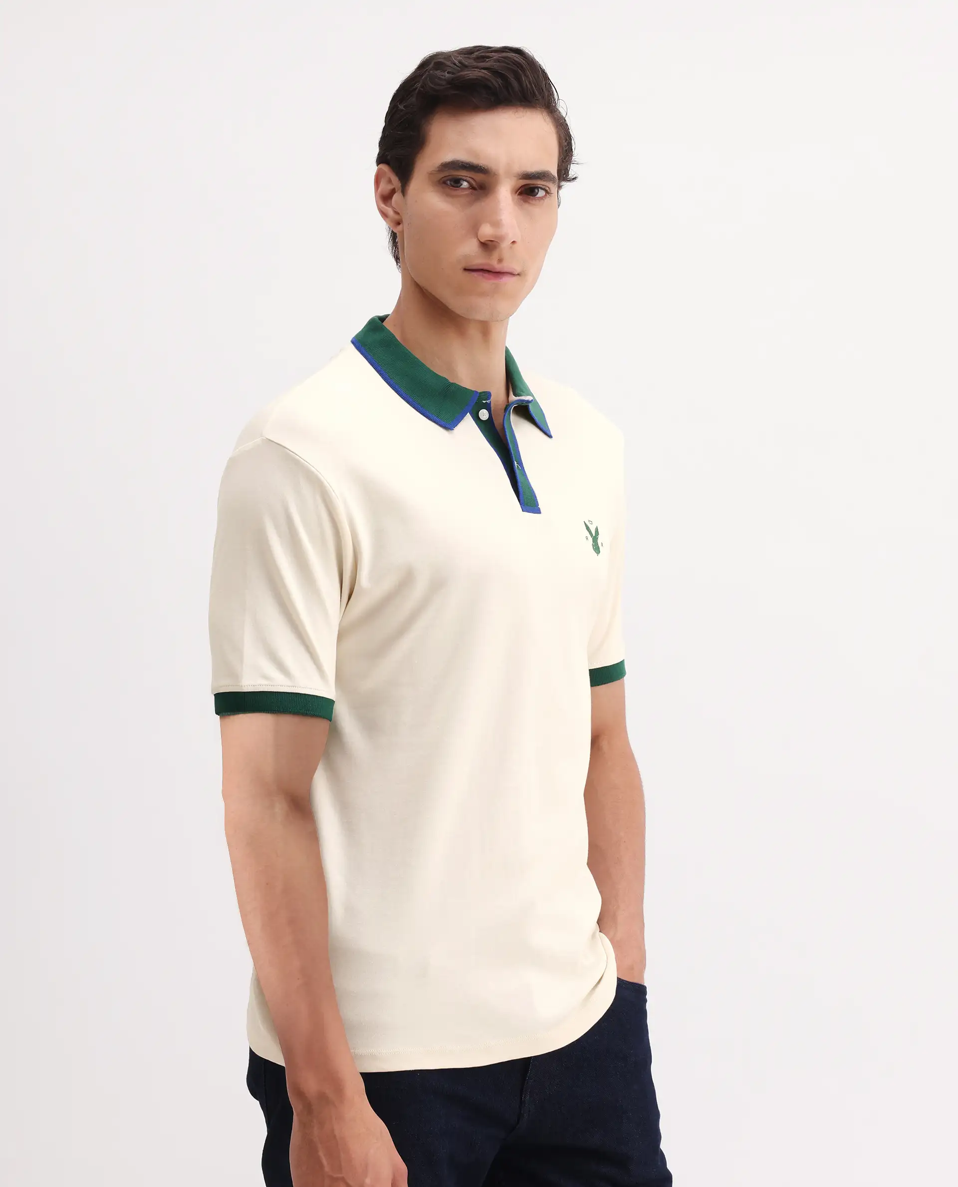 Rare Rabbit Men's Lark Off White Cotton Plain Regular Fit Half Sleeve Polo - Image 6
