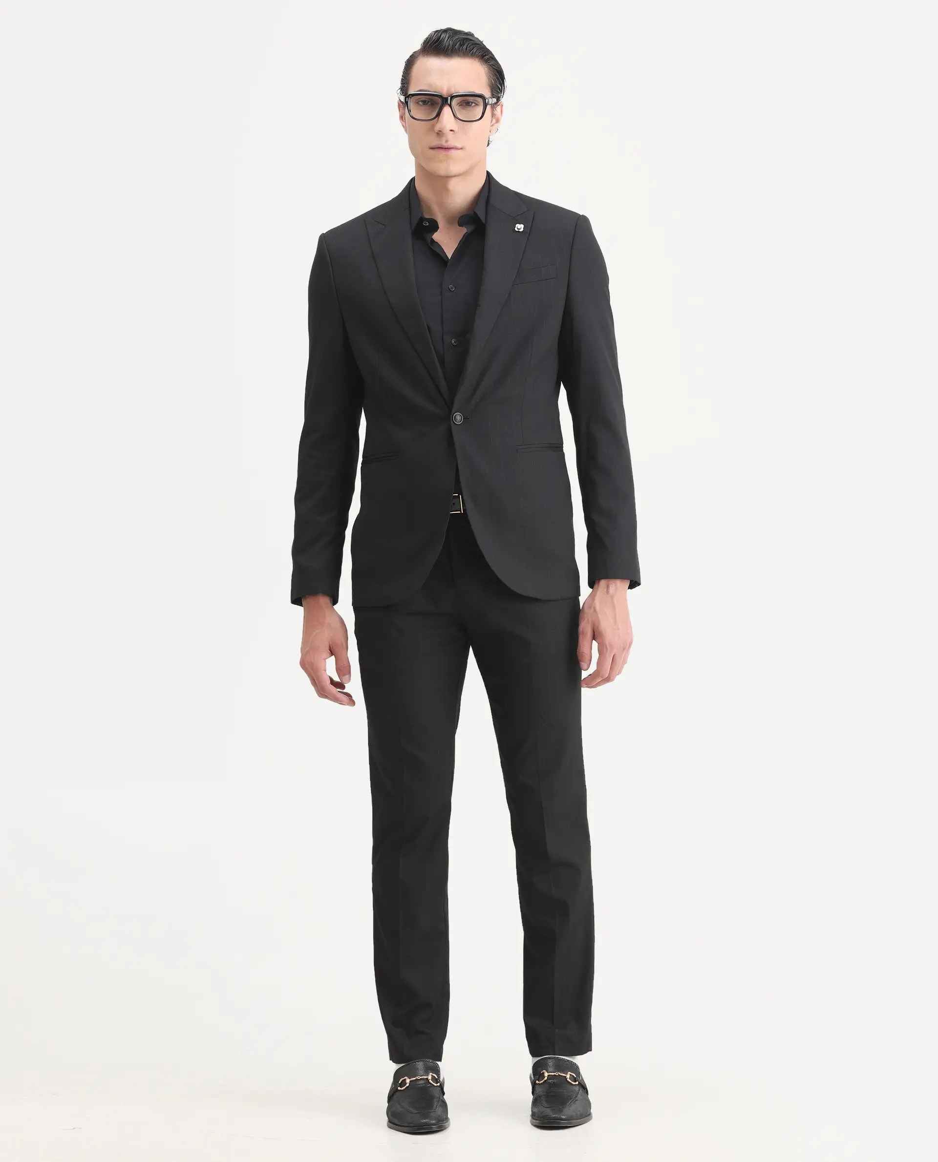 Rare Rabbit Men's Larkin Black Polyester Striped Print Tailored Fit Full Sleeve Lapel Neck Suits