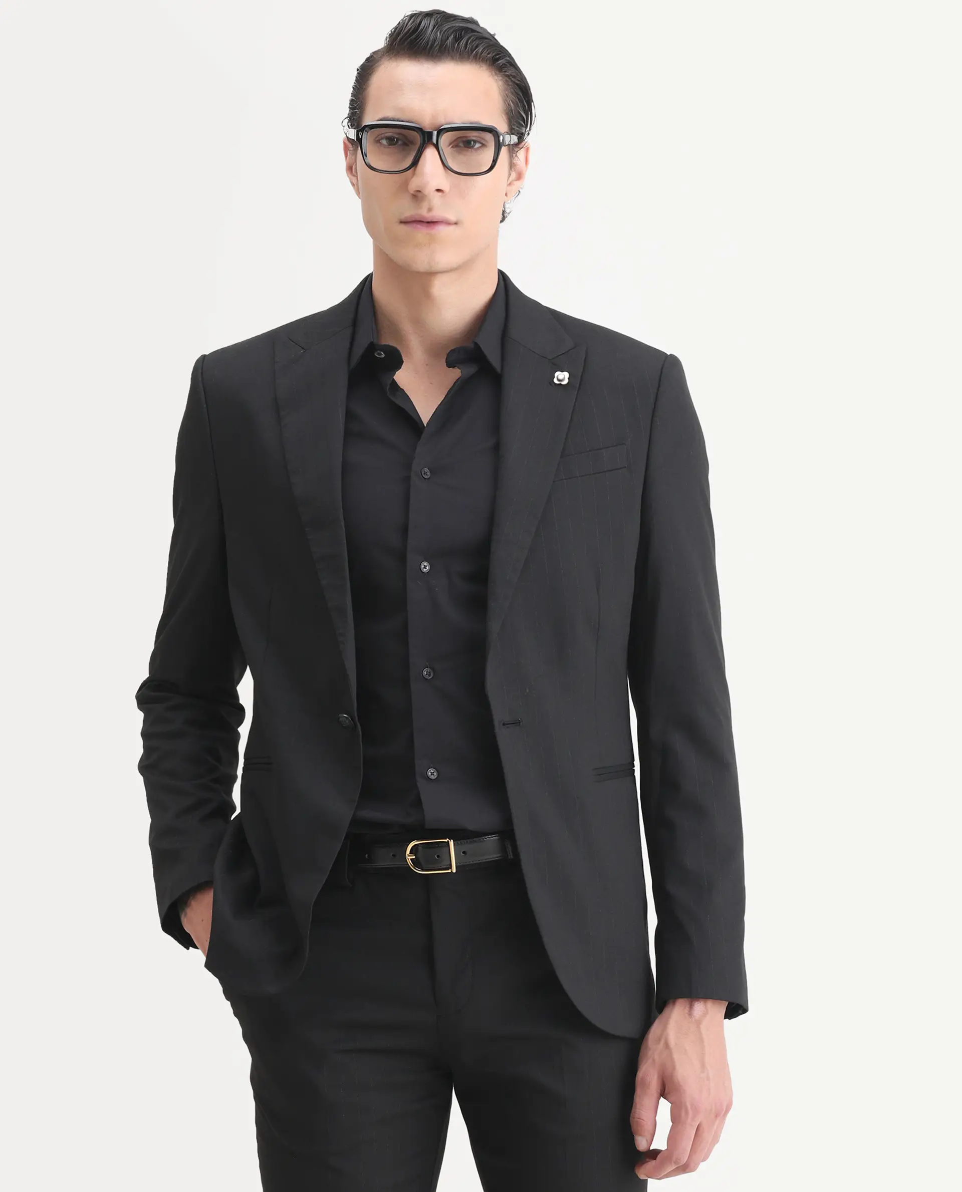 Rare Rabbit Men's Larkin Black Polyester Striped Print Tailored Fit Full Sleeve Lapel Neck Suits - Image 2