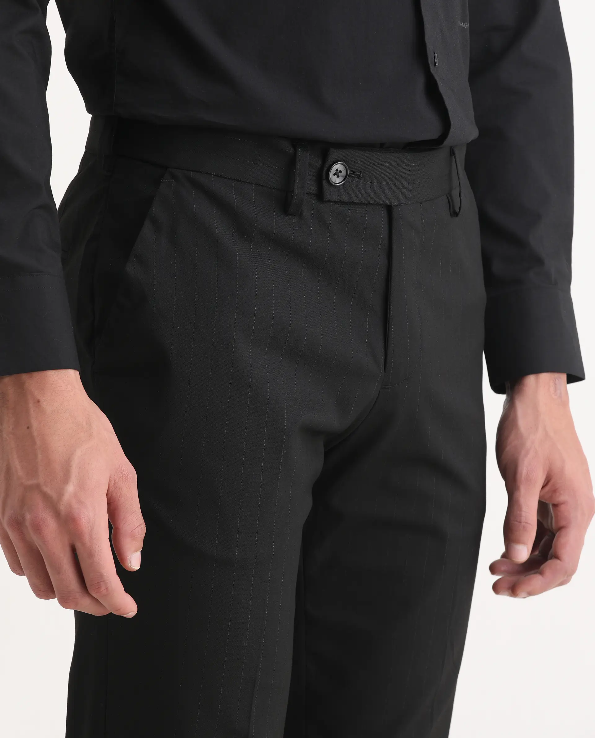 Rare Rabbit Men's Larkin Black Polyester Striped Print Tailored Fit Full Sleeve Lapel Neck Suits - Image 5
