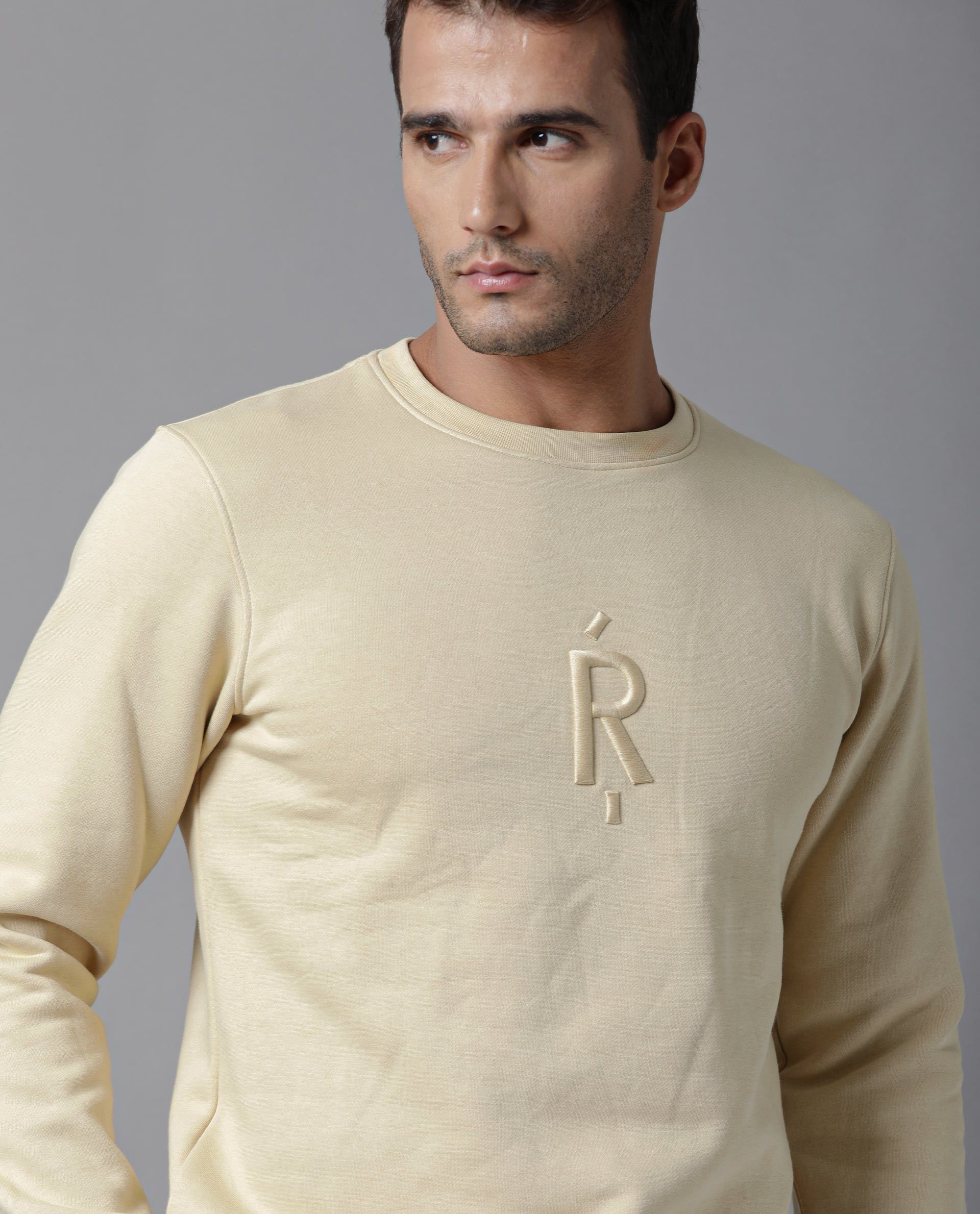 Rare Rabbit Men's Larkin Yellow Cotton Embroidered Slim Fit Full Sleeve Crew Neck Sweatshirt