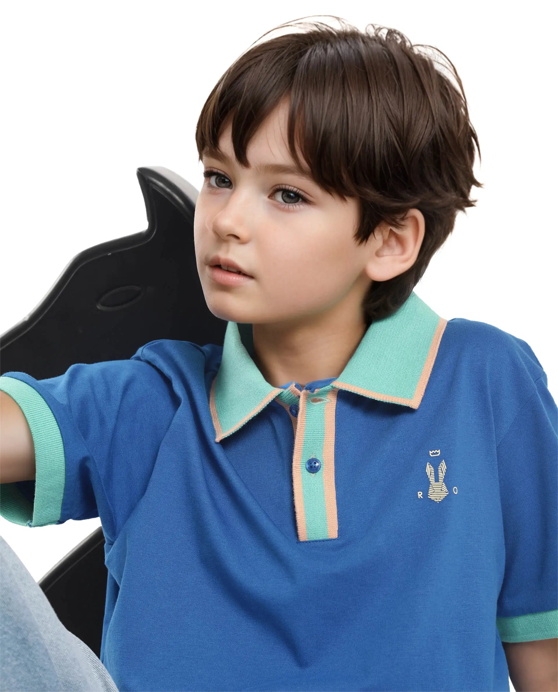 Rare Ones Kids Larn Blue Cotton Half Sleeves Contrasting Collar Regular Fit Solid Polo - Image 2
