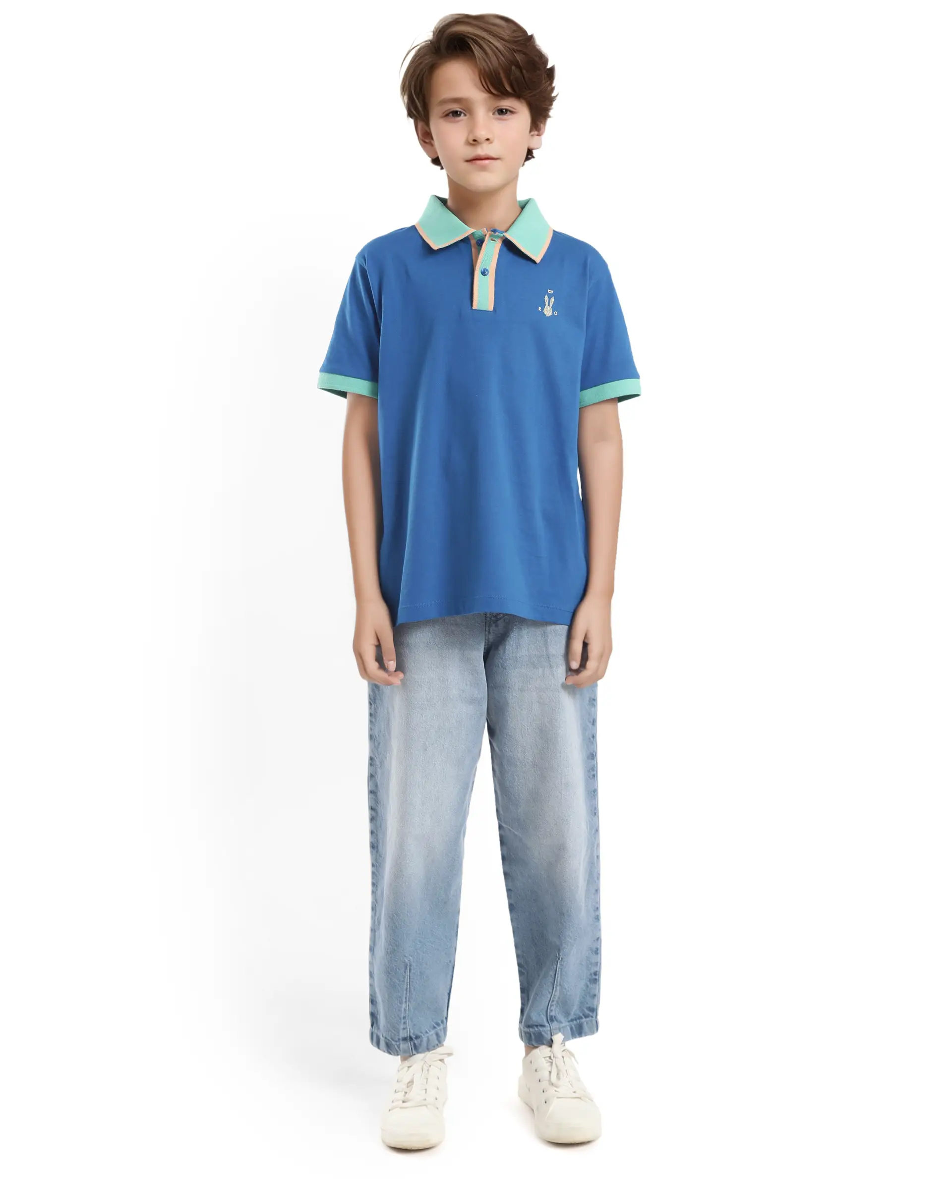 Rare Ones Kids Larn Blue Cotton Half Sleeves Contrasting Collar Regular Fit Solid Polo - Image 4