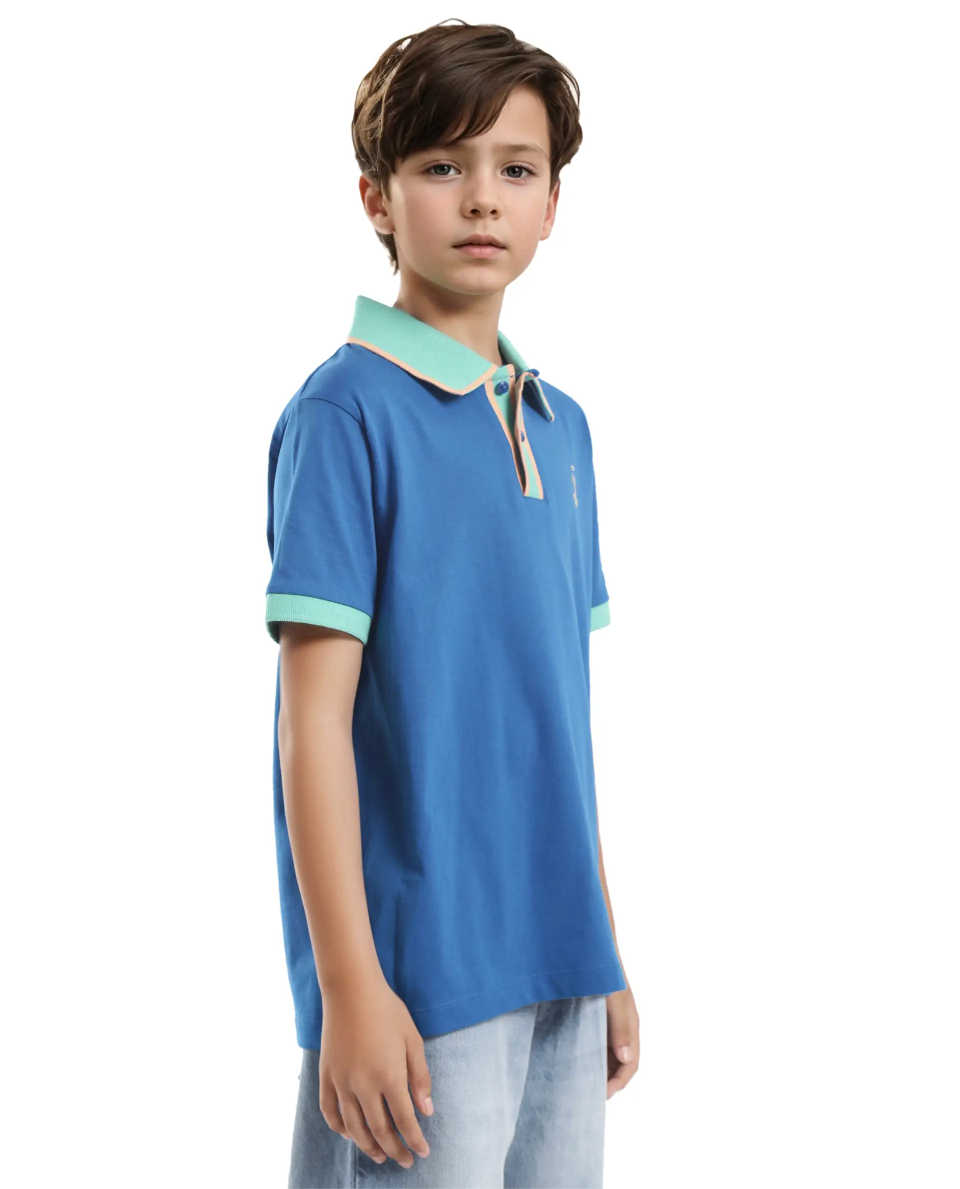 Rare Ones Kids Larn Blue Cotton Half Sleeves Contrasting Collar Regular Fit Solid Polo - Image 8