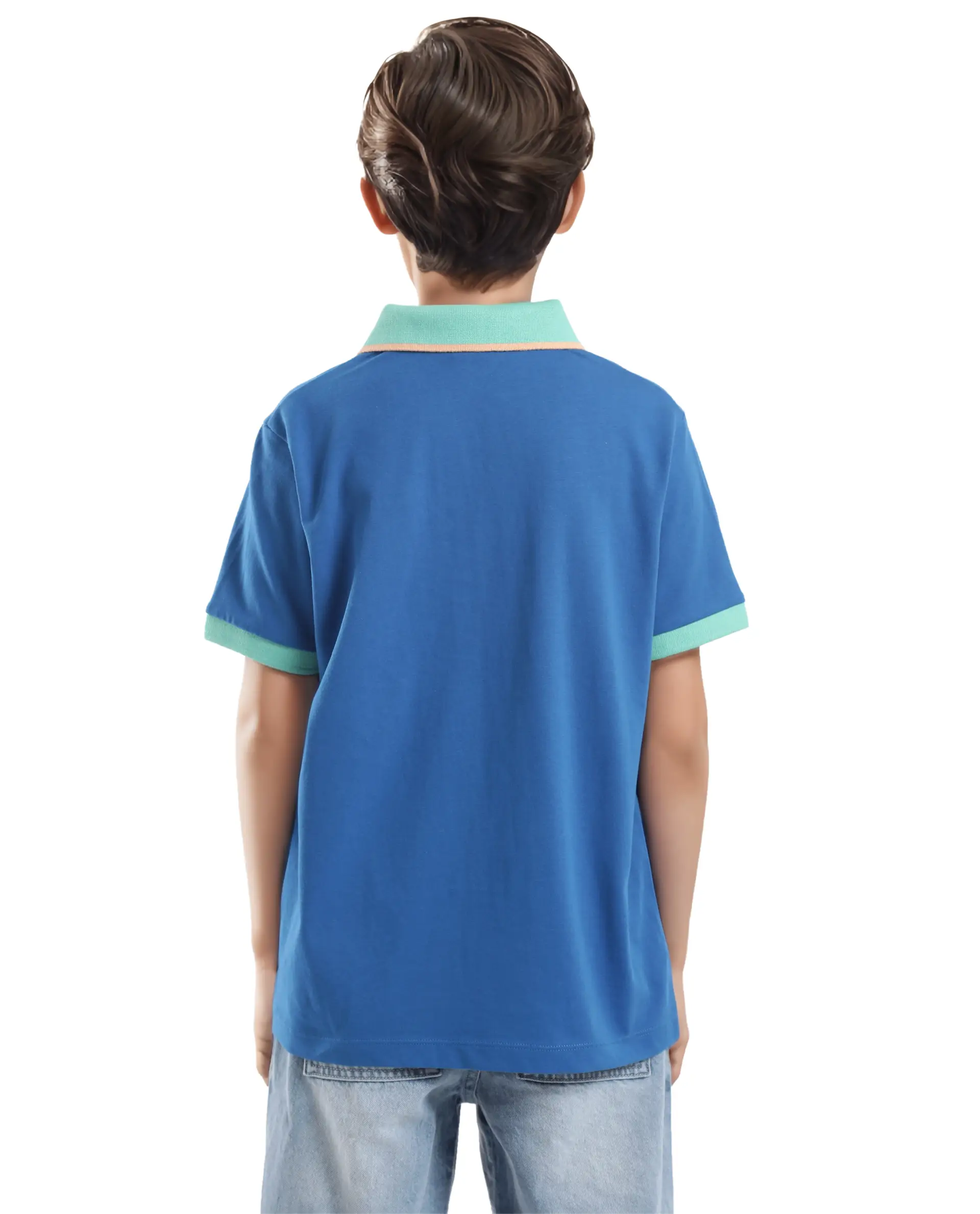 Rare Ones Kids Larn Blue Cotton Half Sleeves Contrasting Collar Regular Fit Solid Polo - Image 9