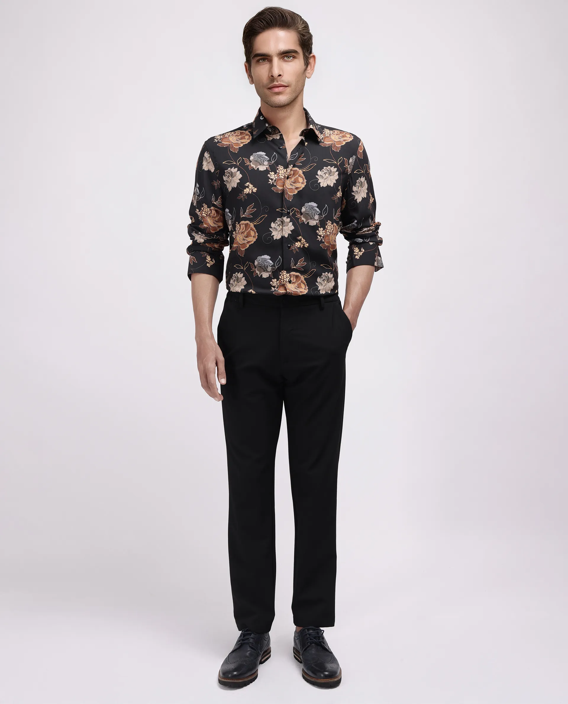 Rare Rabbit Men's Larne Black Viscose Blend Floral Print Regular Fit Full Sleeve Collared Shirt - Image 2