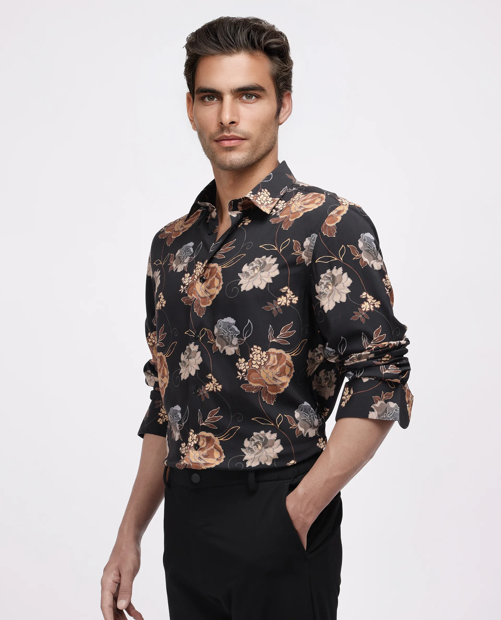 Rare Rabbit Men's Larne Black Viscose Blend Floral Print Regular Fit Full Sleeve Collared Shirt - Image 3