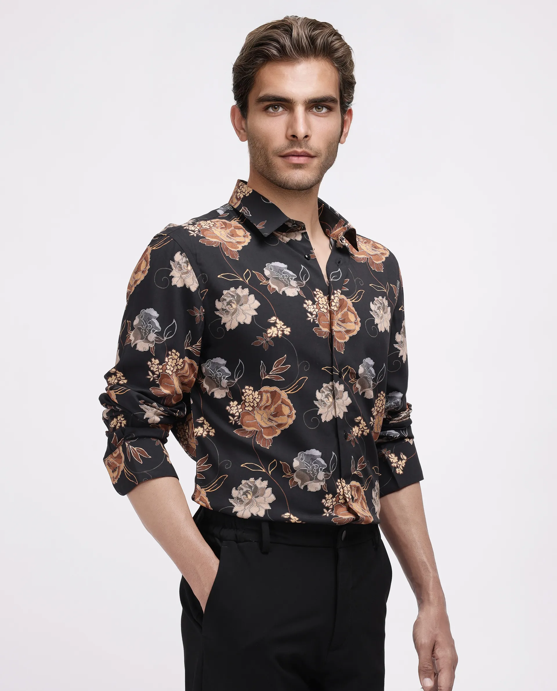 Rare Rabbit Men's Larne Black Viscose Blend Floral Print Regular Fit Full Sleeve Collared Shirt - Image 4