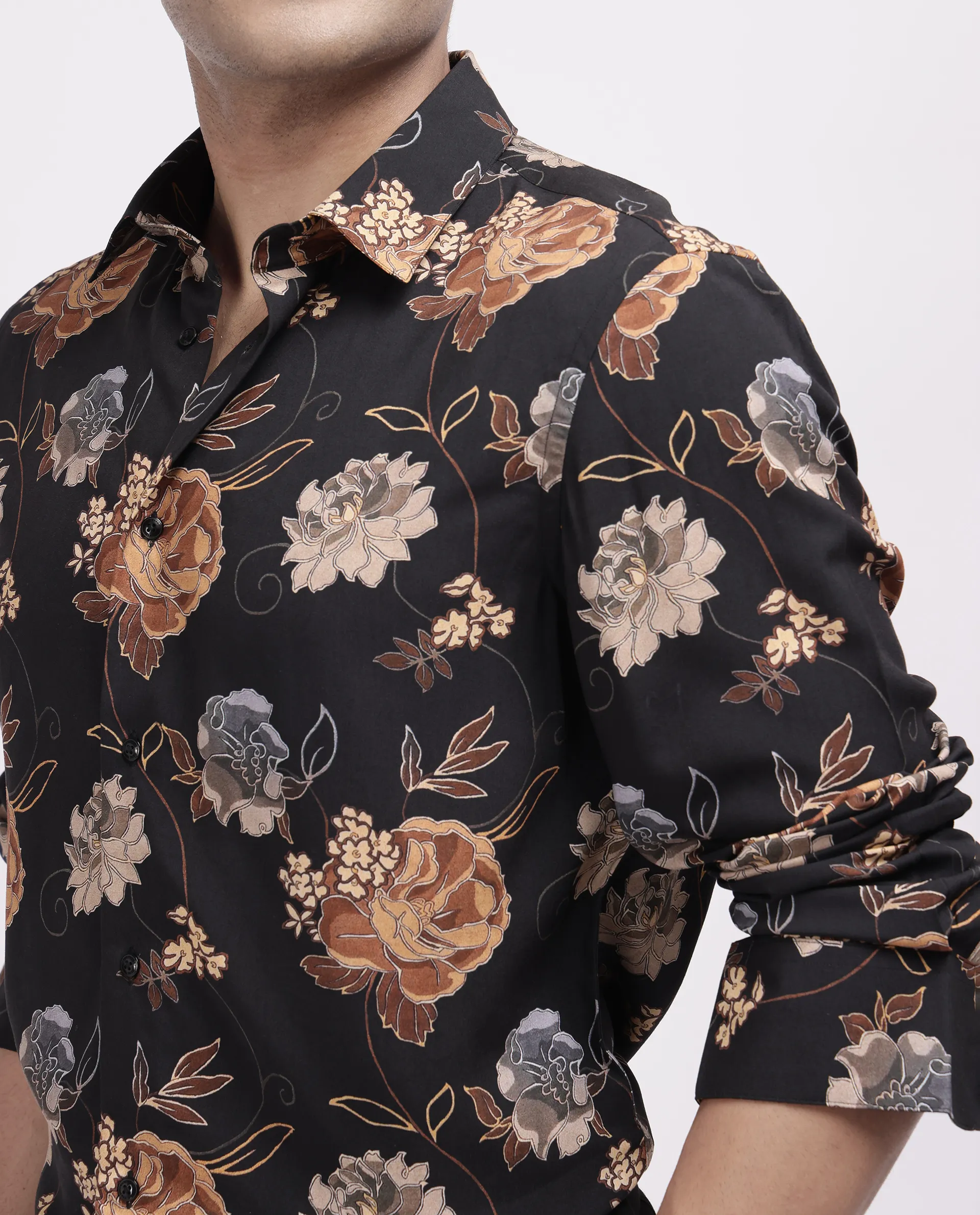 Rare Rabbit Men's Larne Black Viscose Blend Floral Print Regular Fit Full Sleeve Collared Shirt - Image 6