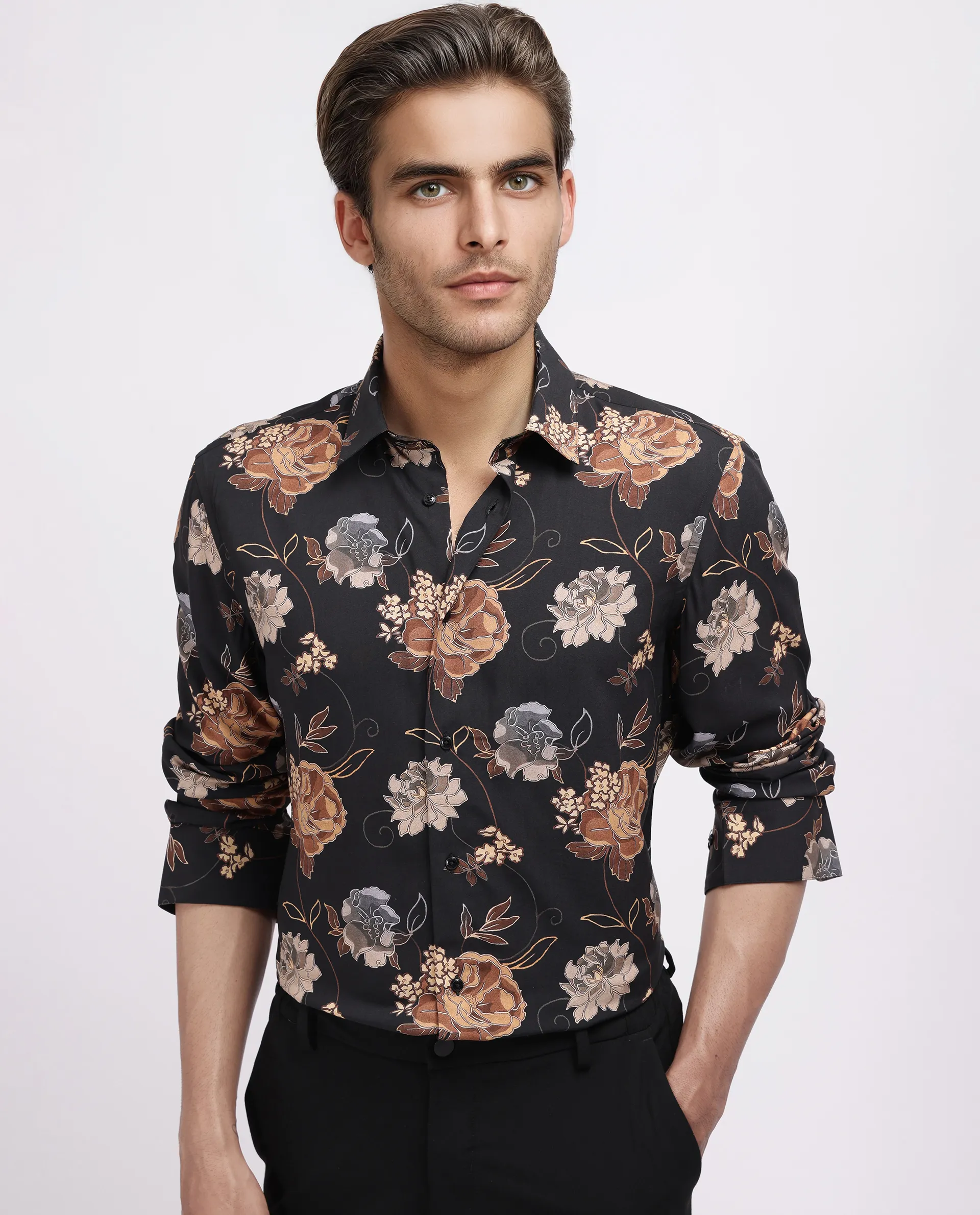 Rare Rabbit Men's Larne Black Viscose Blend Floral Print Regular Fit Full Sleeve Collared Shirt - Image 7
