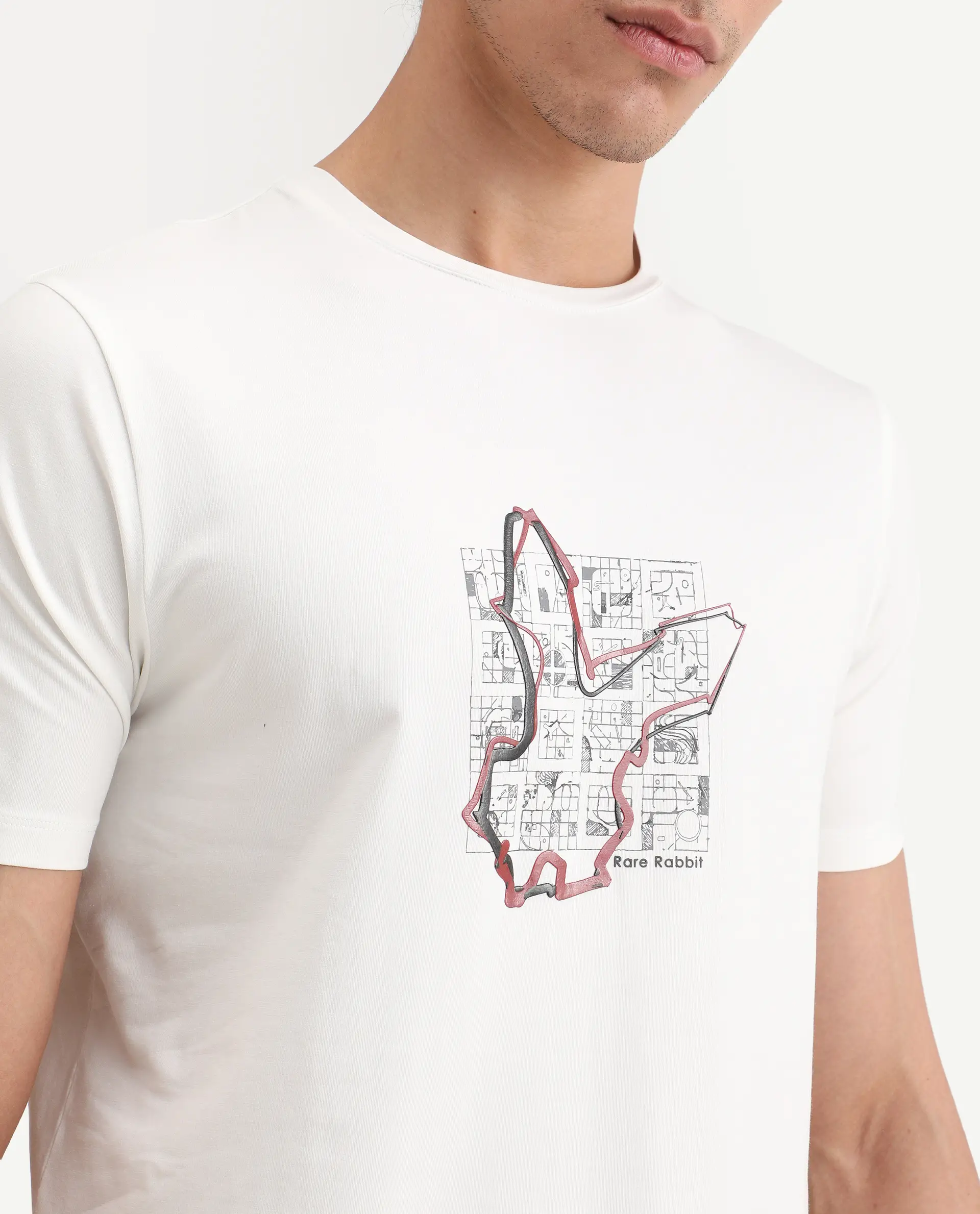 Rare Rabbit Men's Larri Off White Cotton Blend Fabric Half Sleeve Crew Neck Regular Fit Graphic Print T-Shirt - Image 3