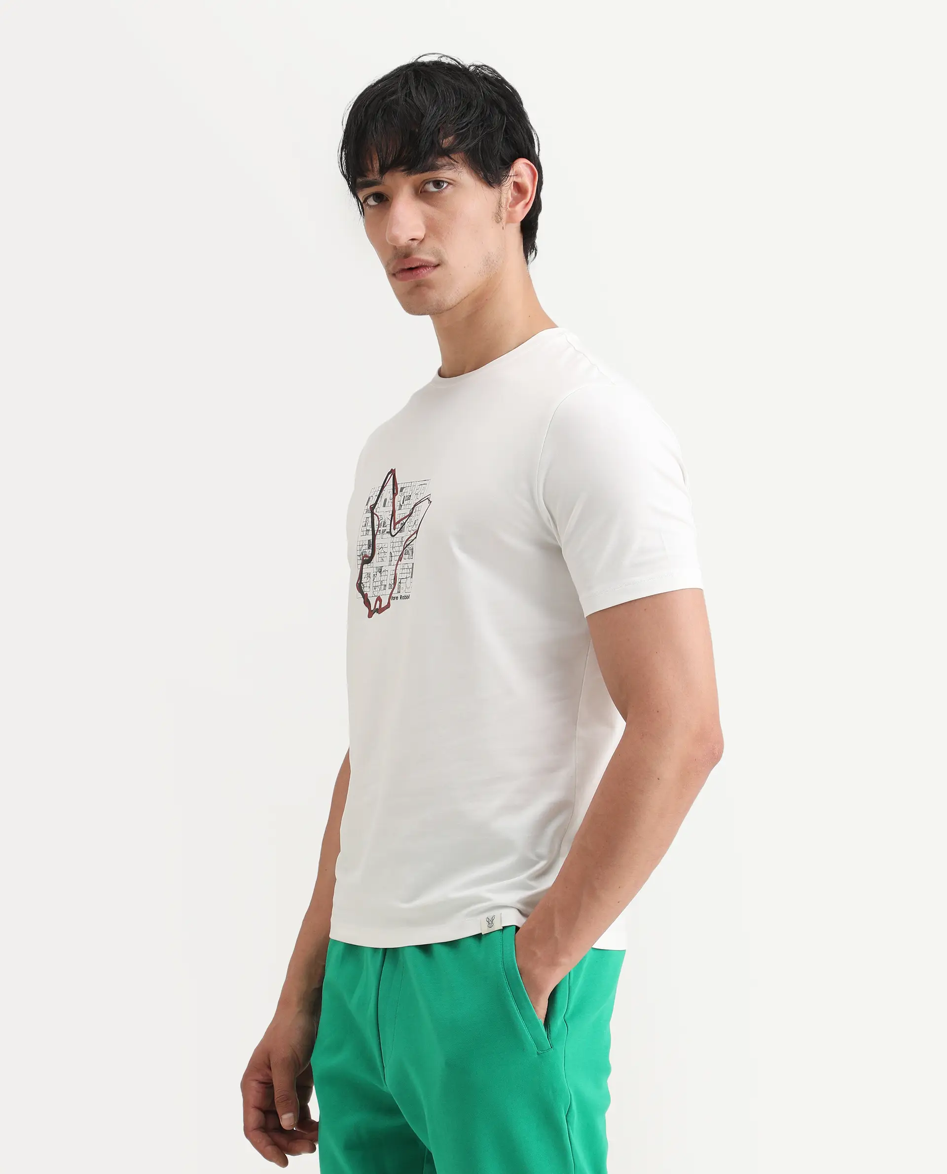 Rare Rabbit Men's Larri Off White Cotton Blend Fabric Half Sleeve Crew Neck Regular Fit Graphic Print T-Shirt - Image 5