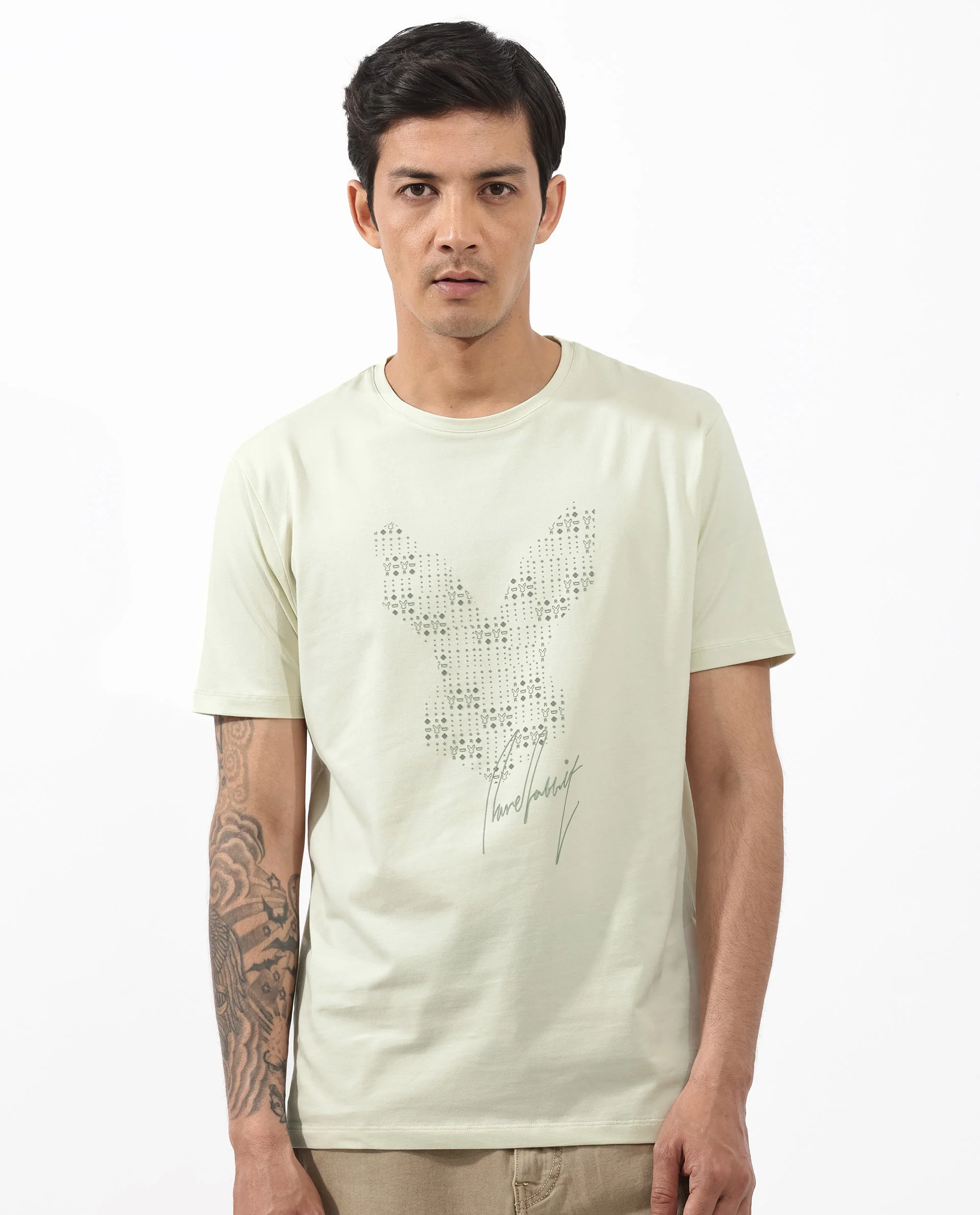 Rare Rabbit Articale Mens Larry Pastel Green Cotton Fabric Short Sleeve Crew Neck Regular Fit Printed T-Shirt - Image 10