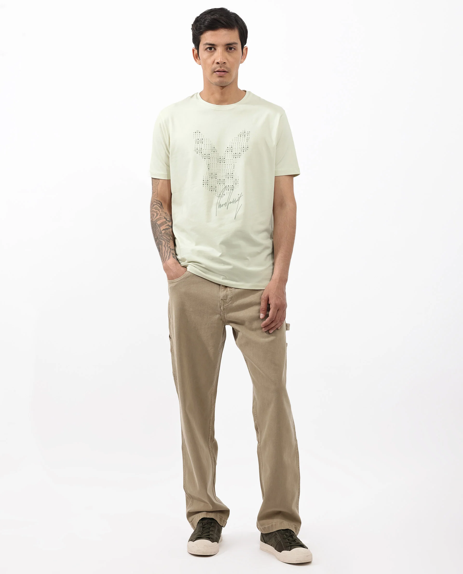 Rare Rabbit Articale Mens Larry Pastel Green Cotton Fabric Short Sleeve Crew Neck Regular Fit Printed T-Shirt - Image 2